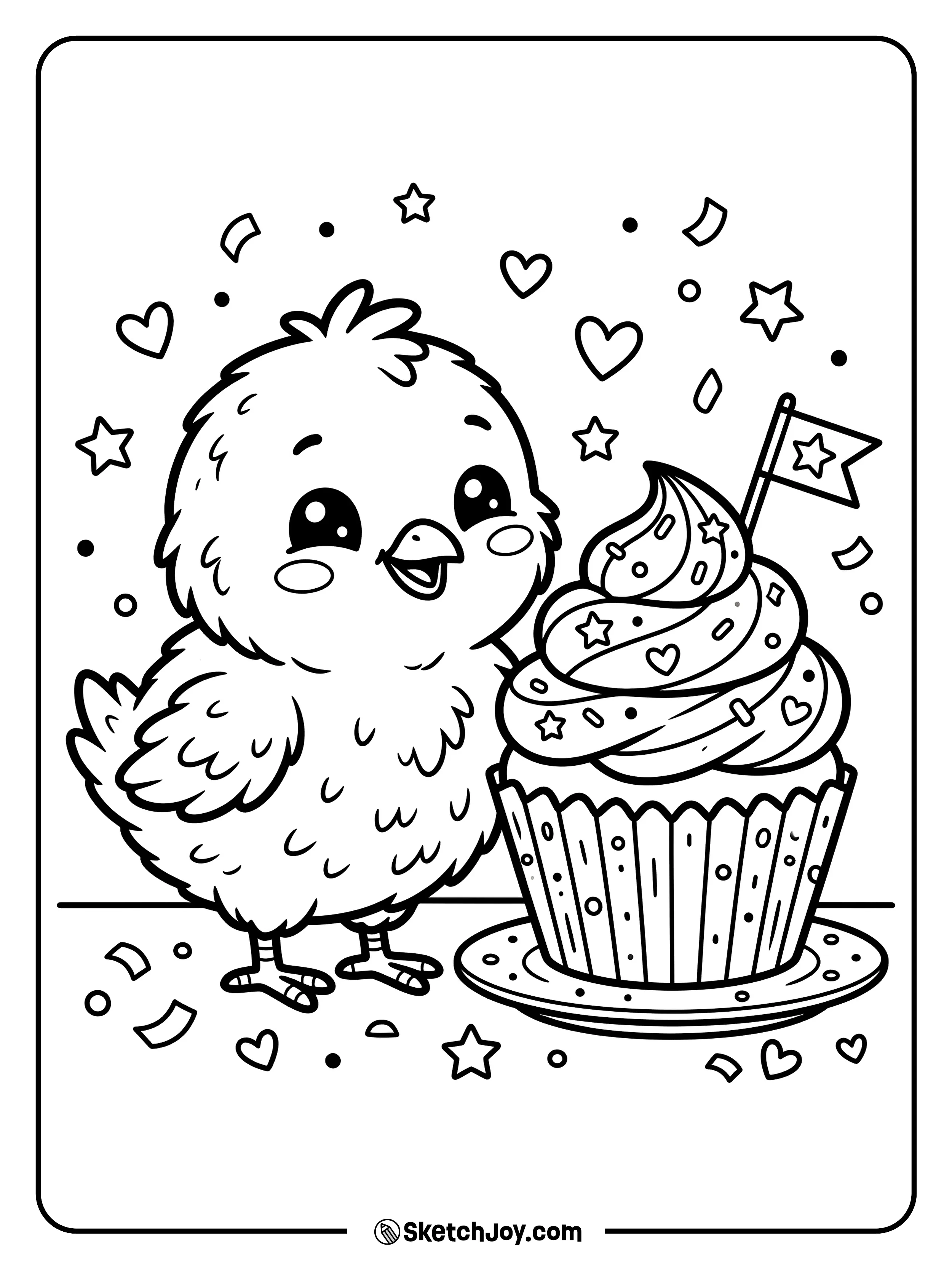 A happy chick stands beside a cupcake in a fun and cheerful scene.