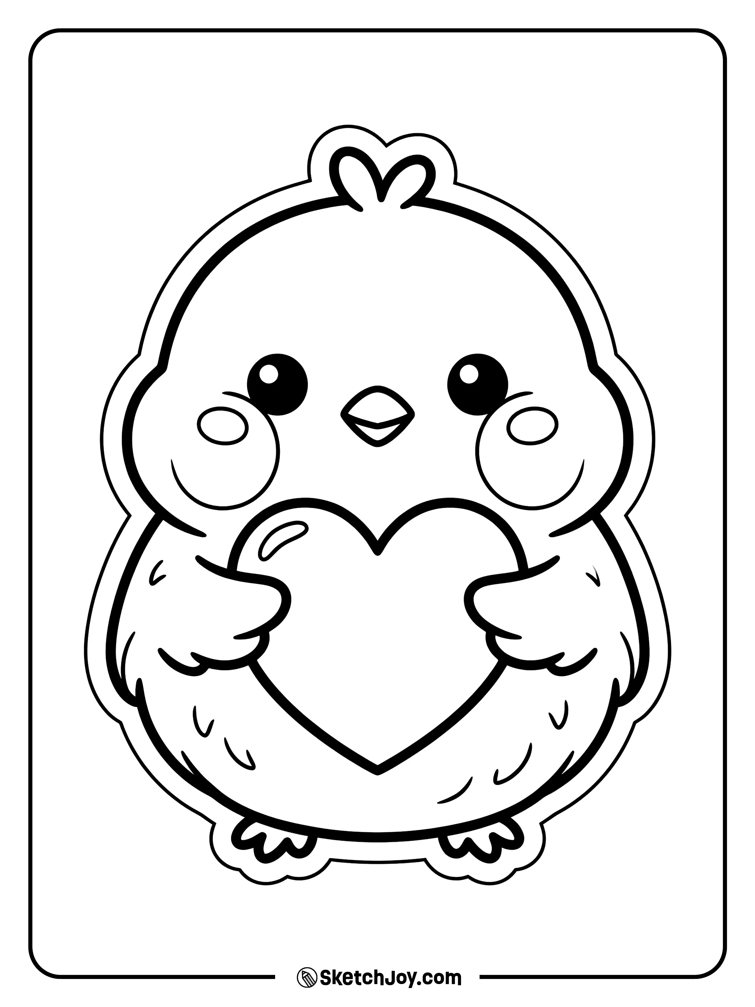 A fluffy chick holds a heart and smiles in a simple cute pose.