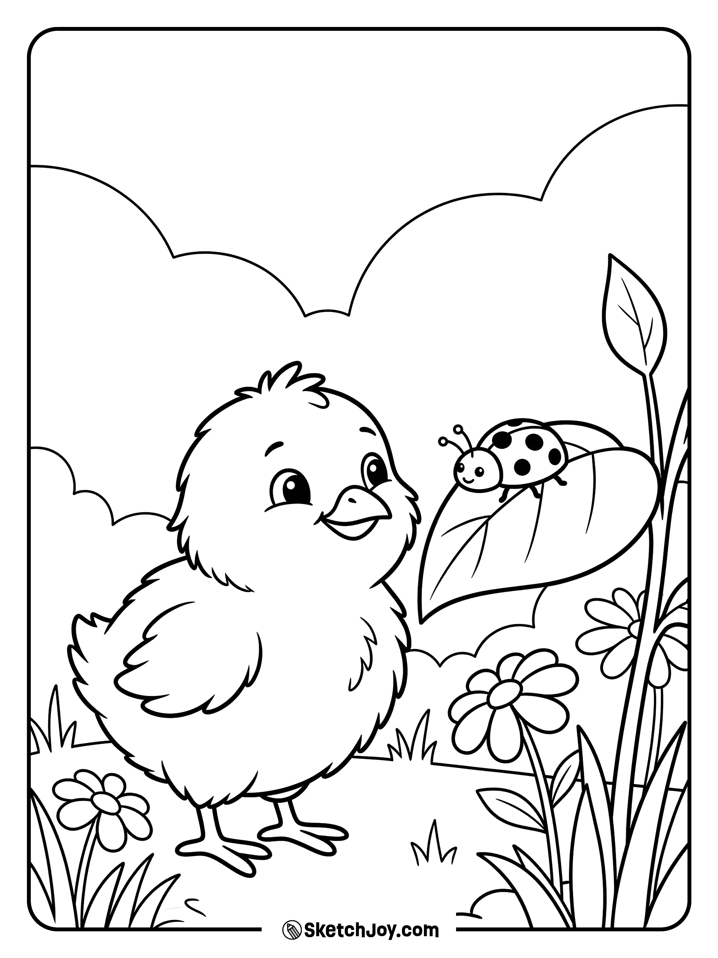 A chick watches a ladybug and looks curious and calm.