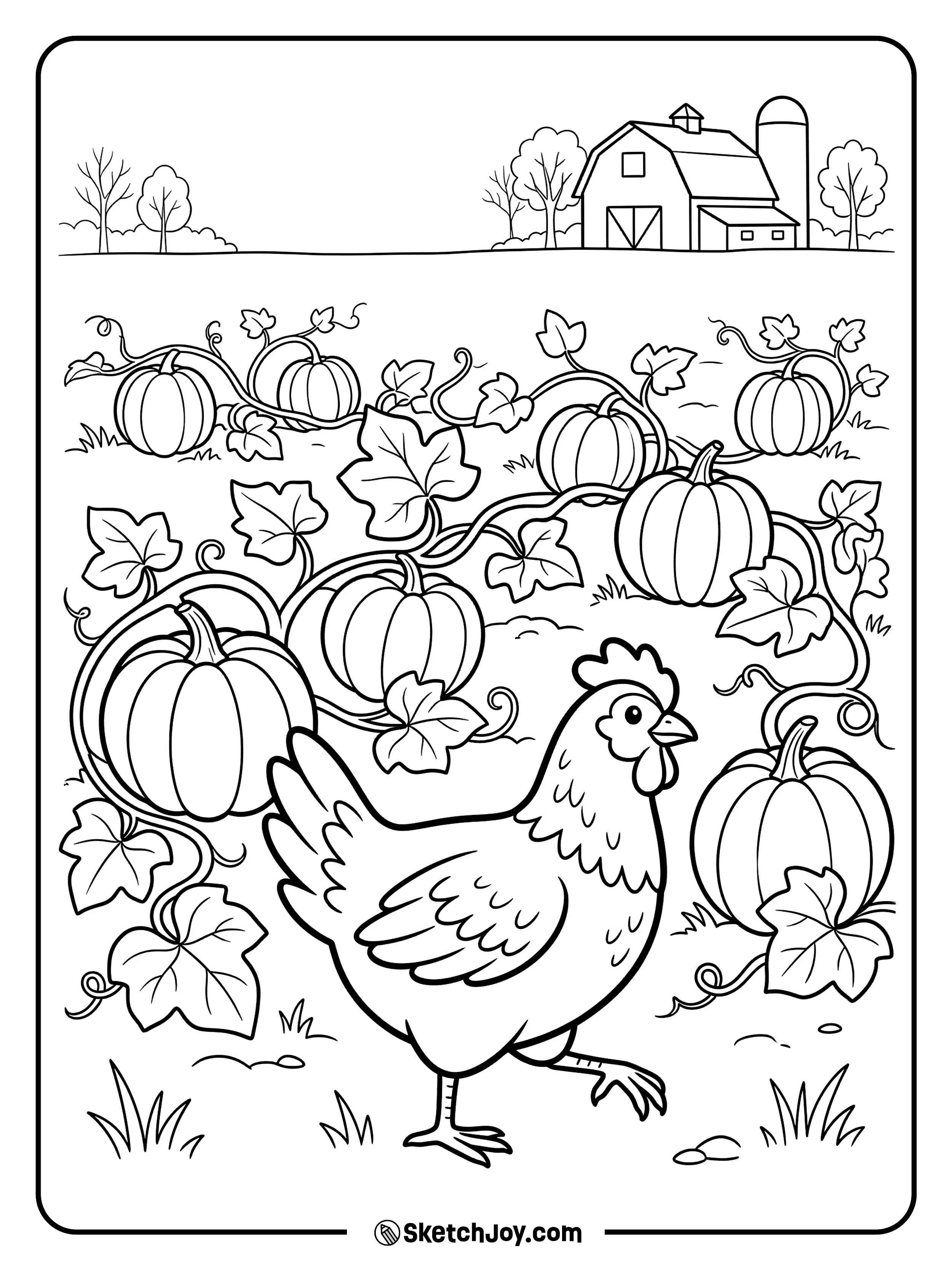 A curious chicken explores a pumpkin patch on the farm.