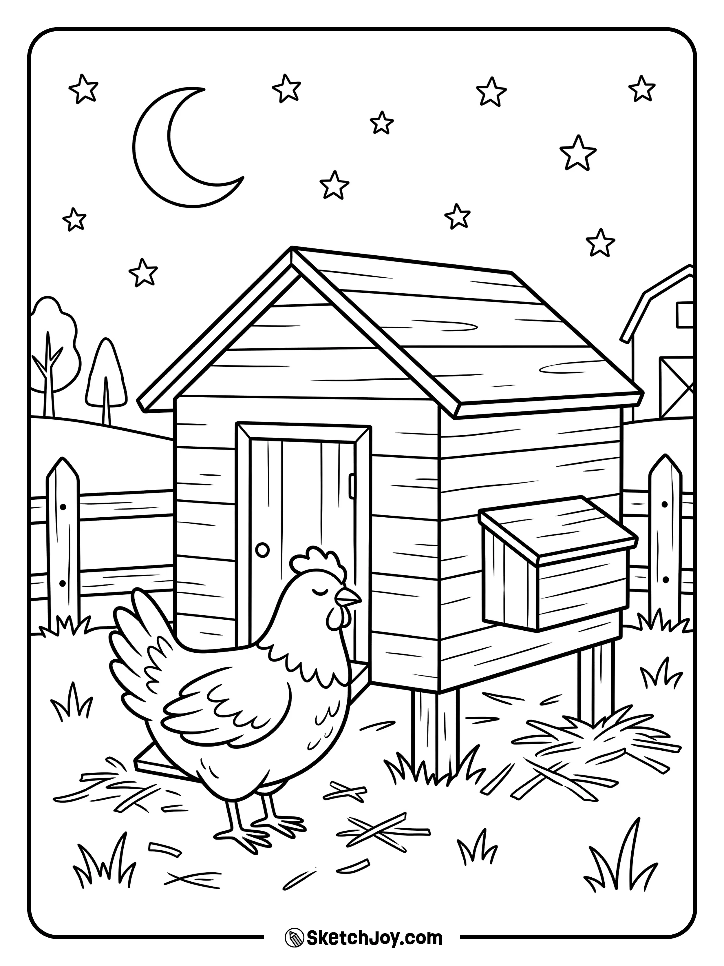 A quiet chicken stands near the coop in a calm night farm scene.