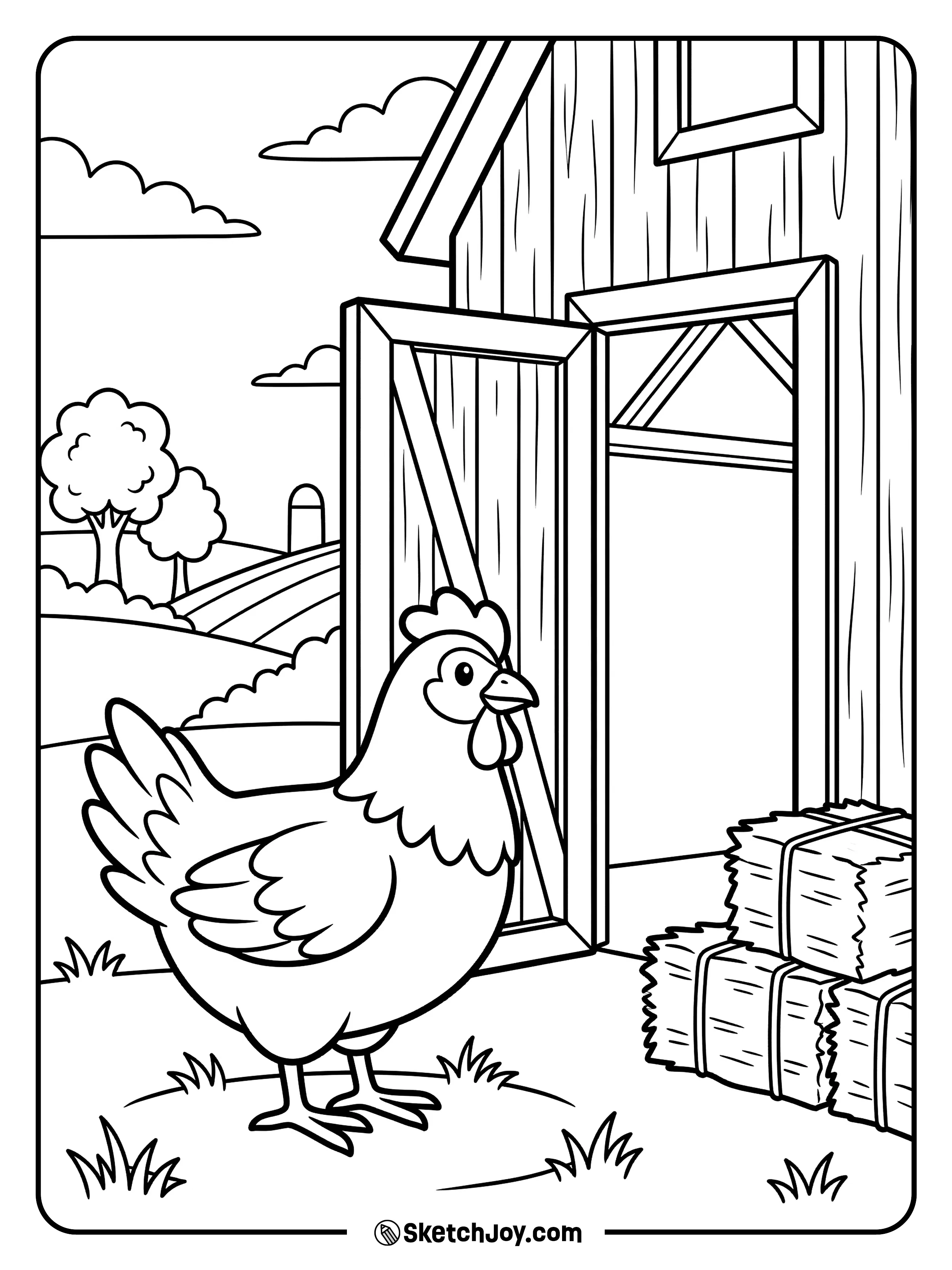 A chicken stands near an open barn door on a quiet farm morning.