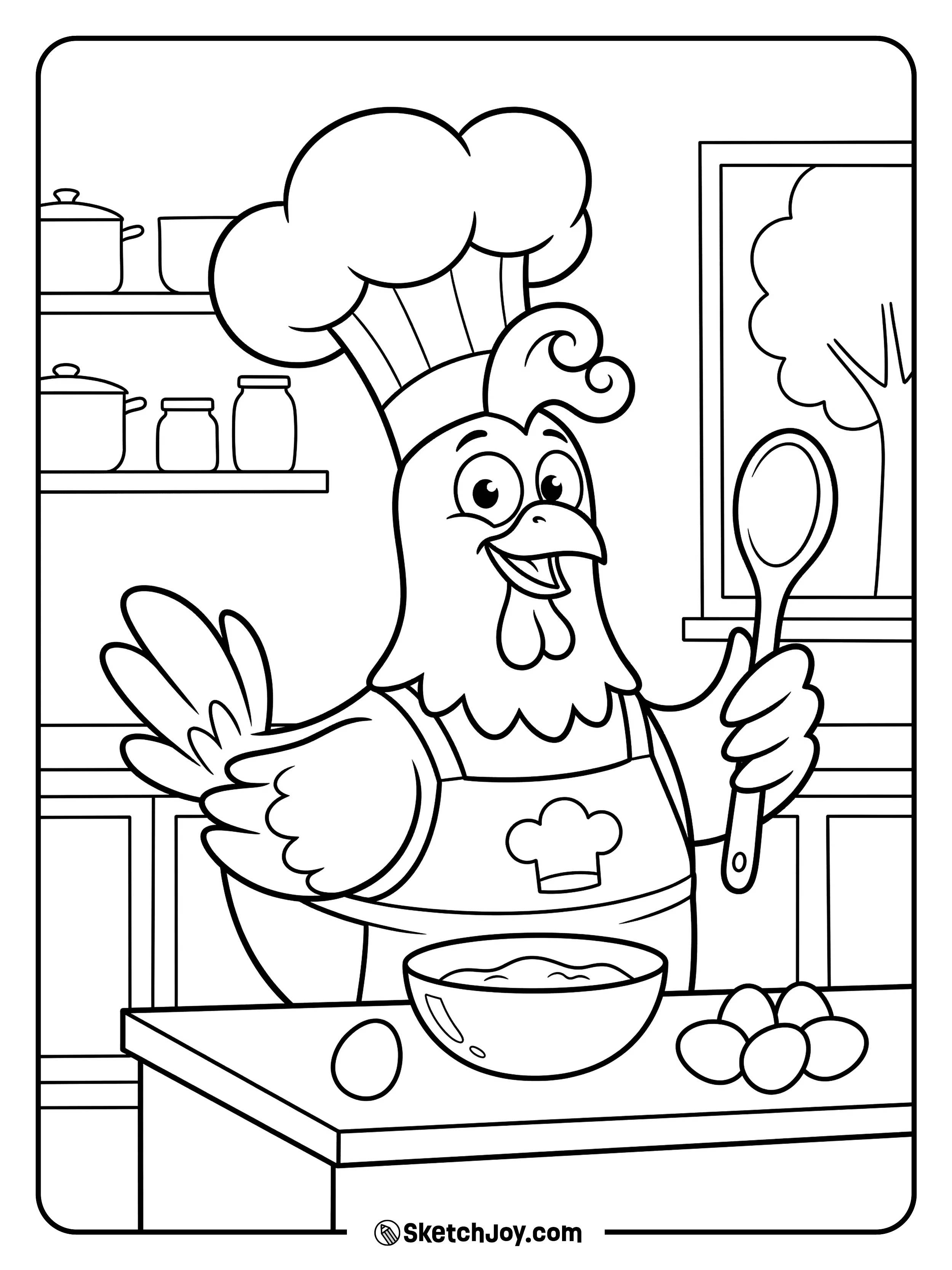 A funny chicken wears a chef hat and looks proud in the kitchen.