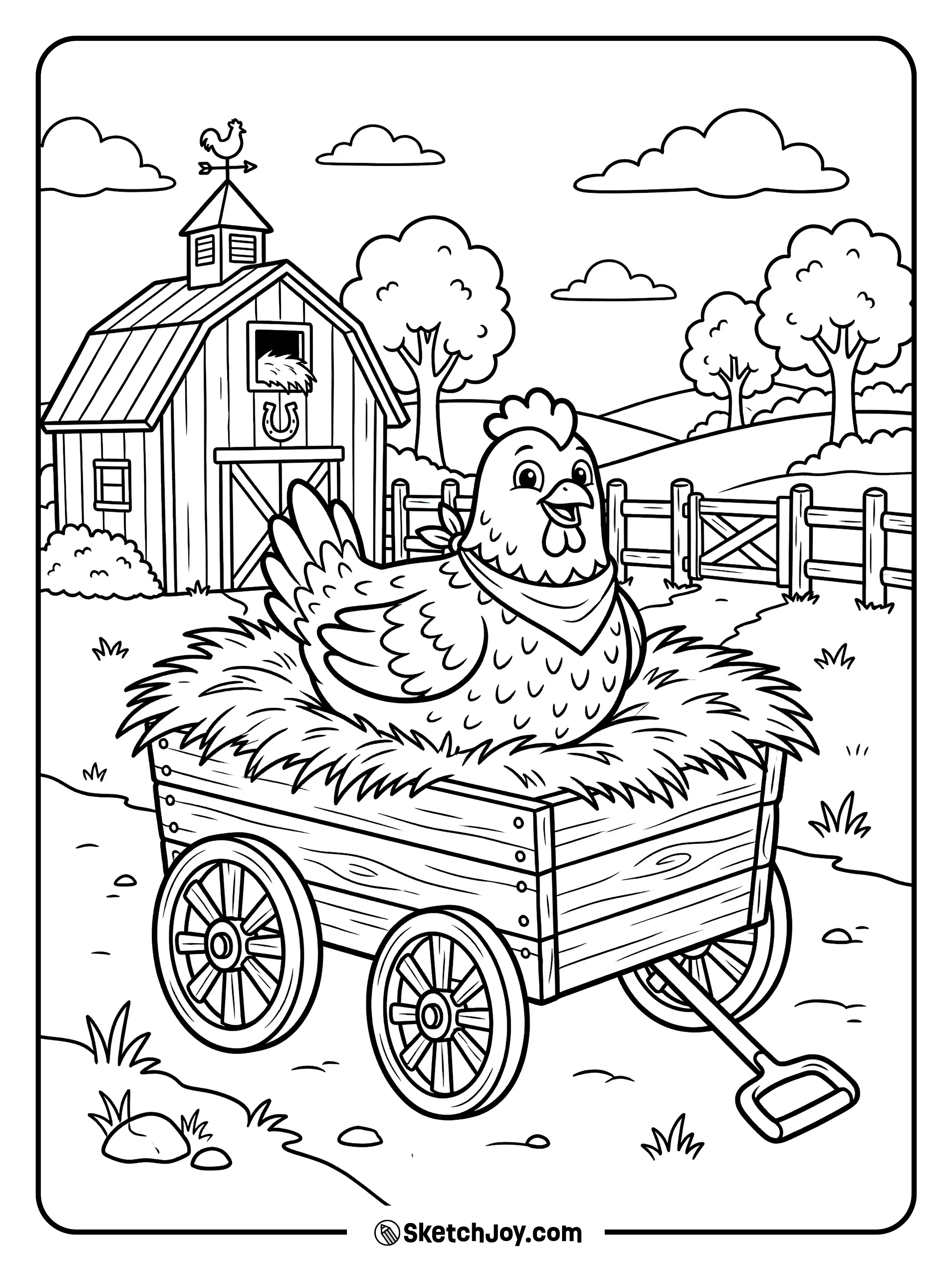 A cheerful chicken rides in a small wagon filled with straw.