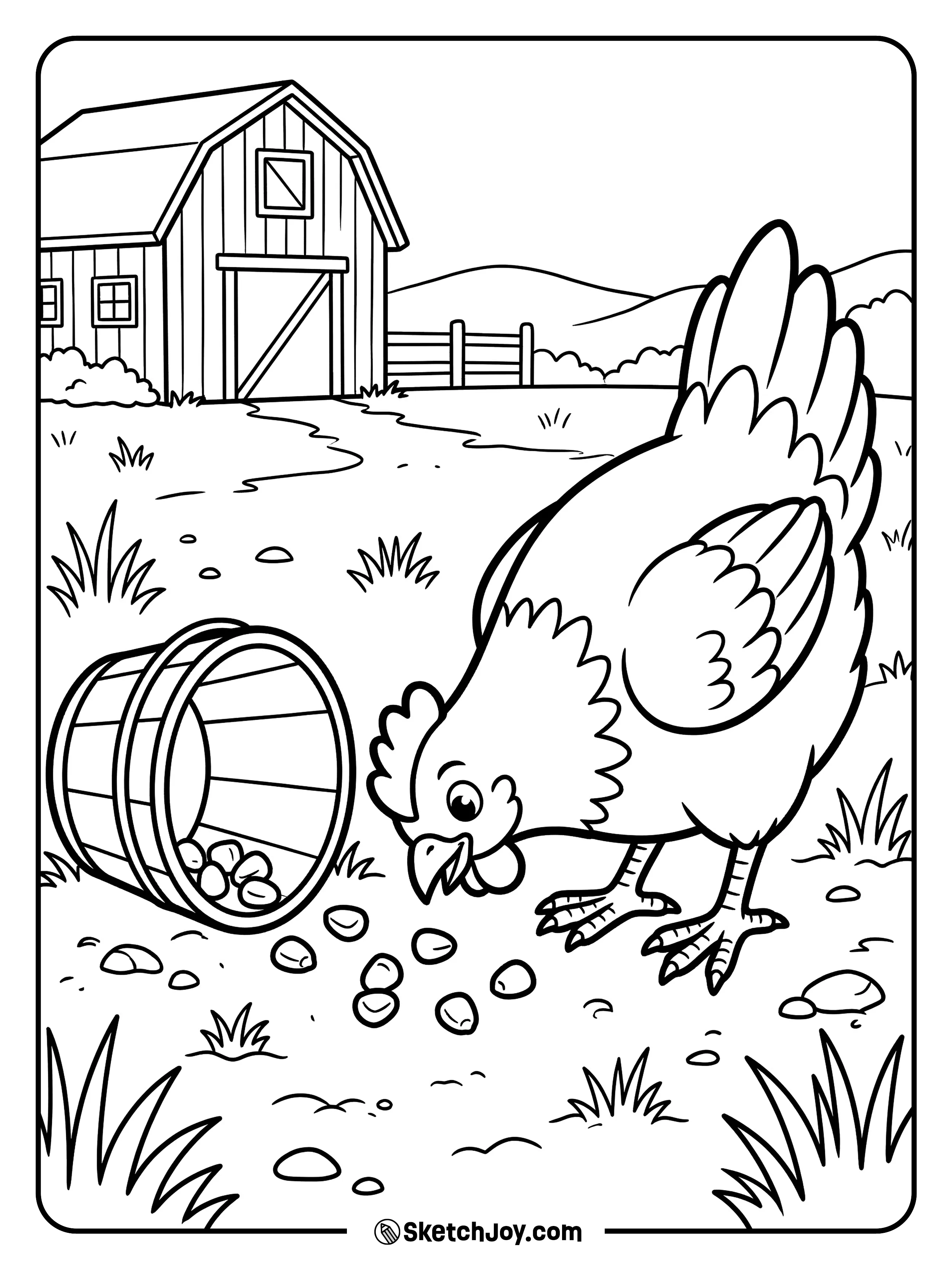 A hungry chicken pecks at scattered corn on the ground.