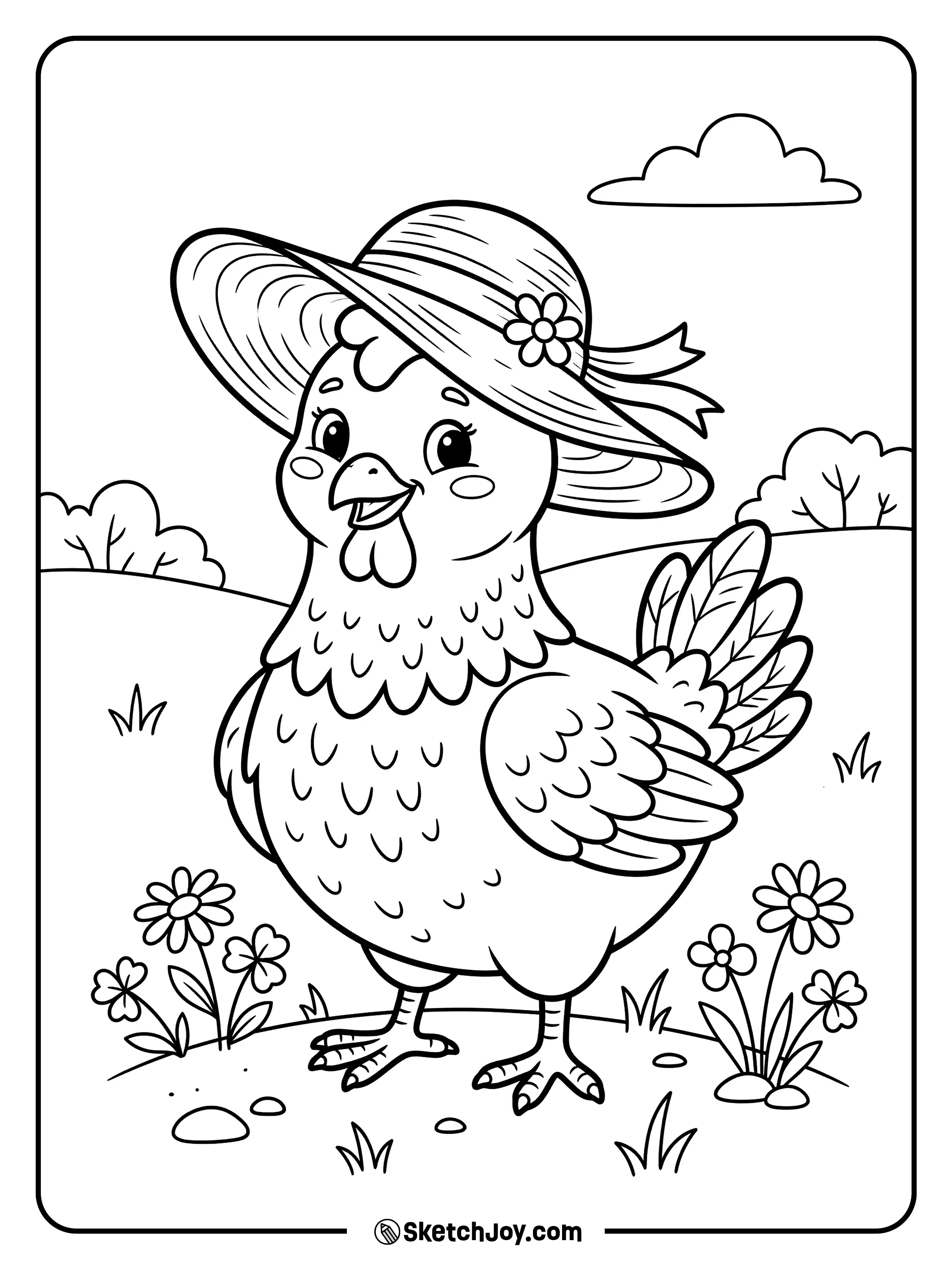 A cute chicken wears a big sun hat and looks ready for a bright day.