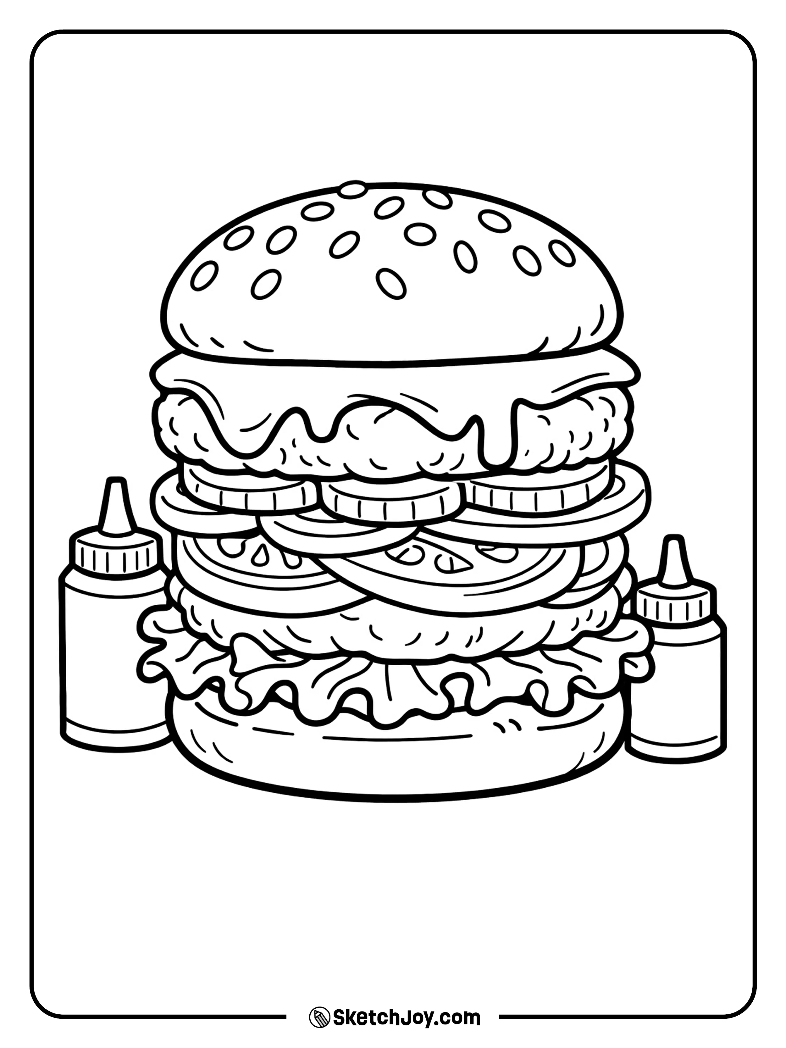 A tall cheeseburger with melty cheese, lettuce, tomato, and a sesame bun in a bold classic look.