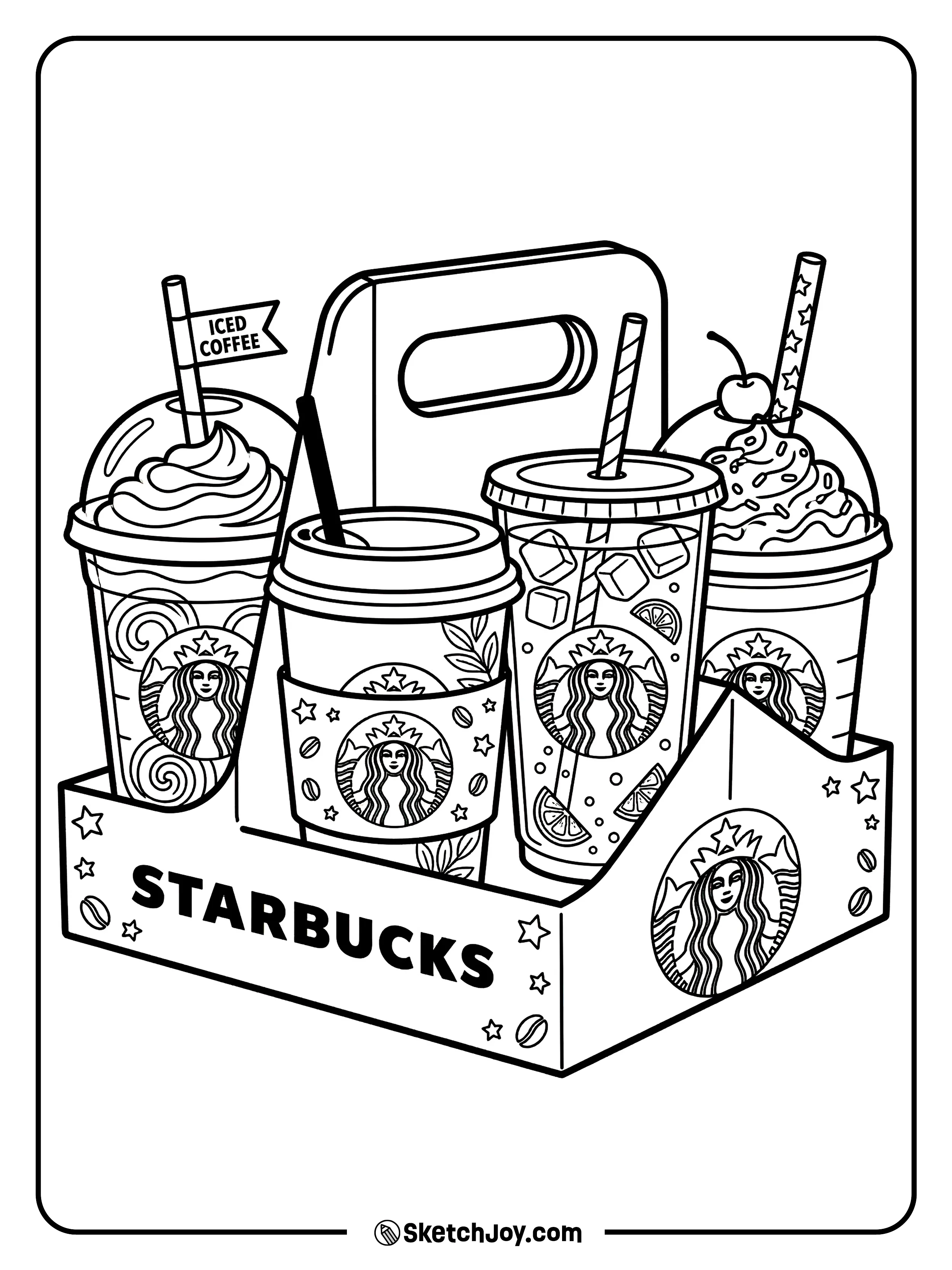 Four cups of coffee sitting in a cardboard drink carrier.