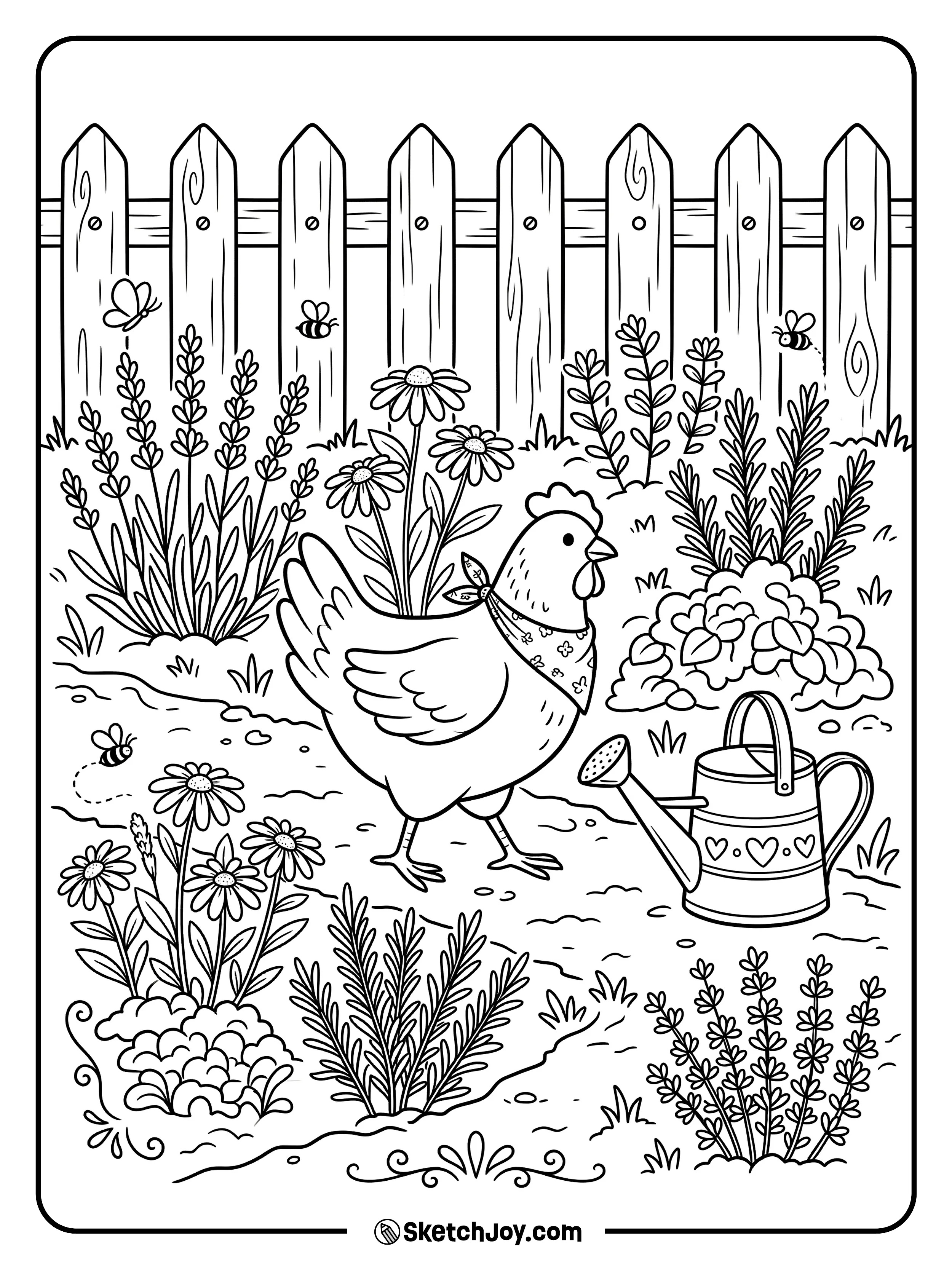 A gentle hen walks through a garden with flowers, herbs, and a rustic feel.