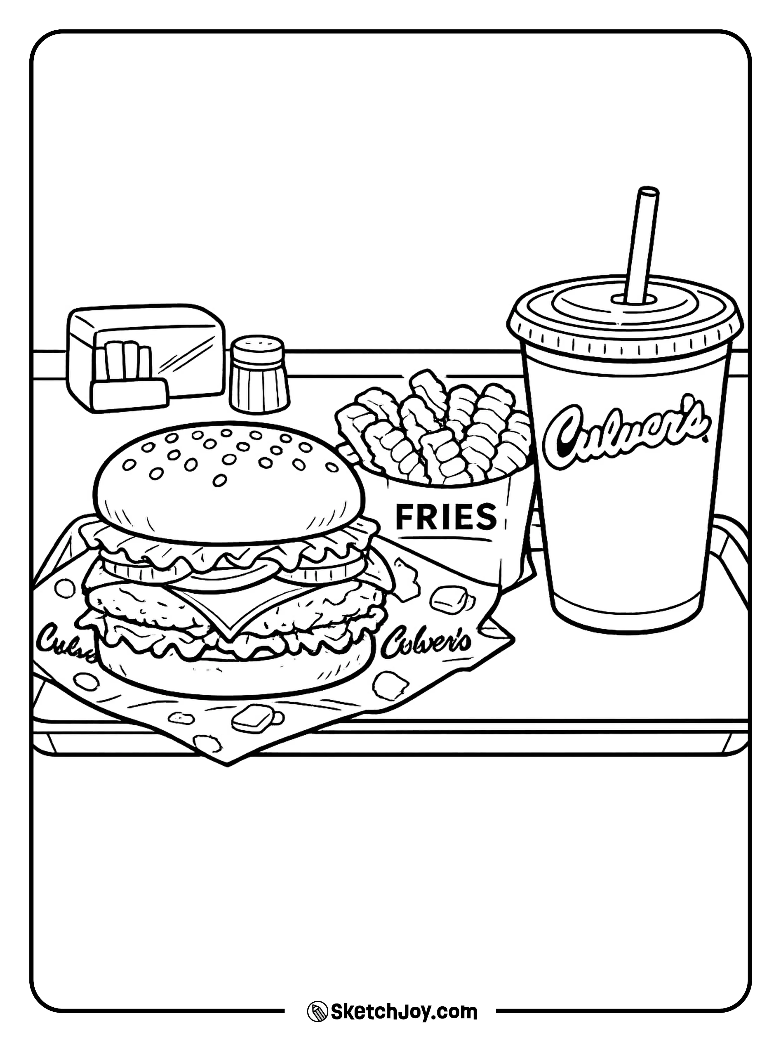 A famous butter burger meal shown with a tray and simple restaurant details.