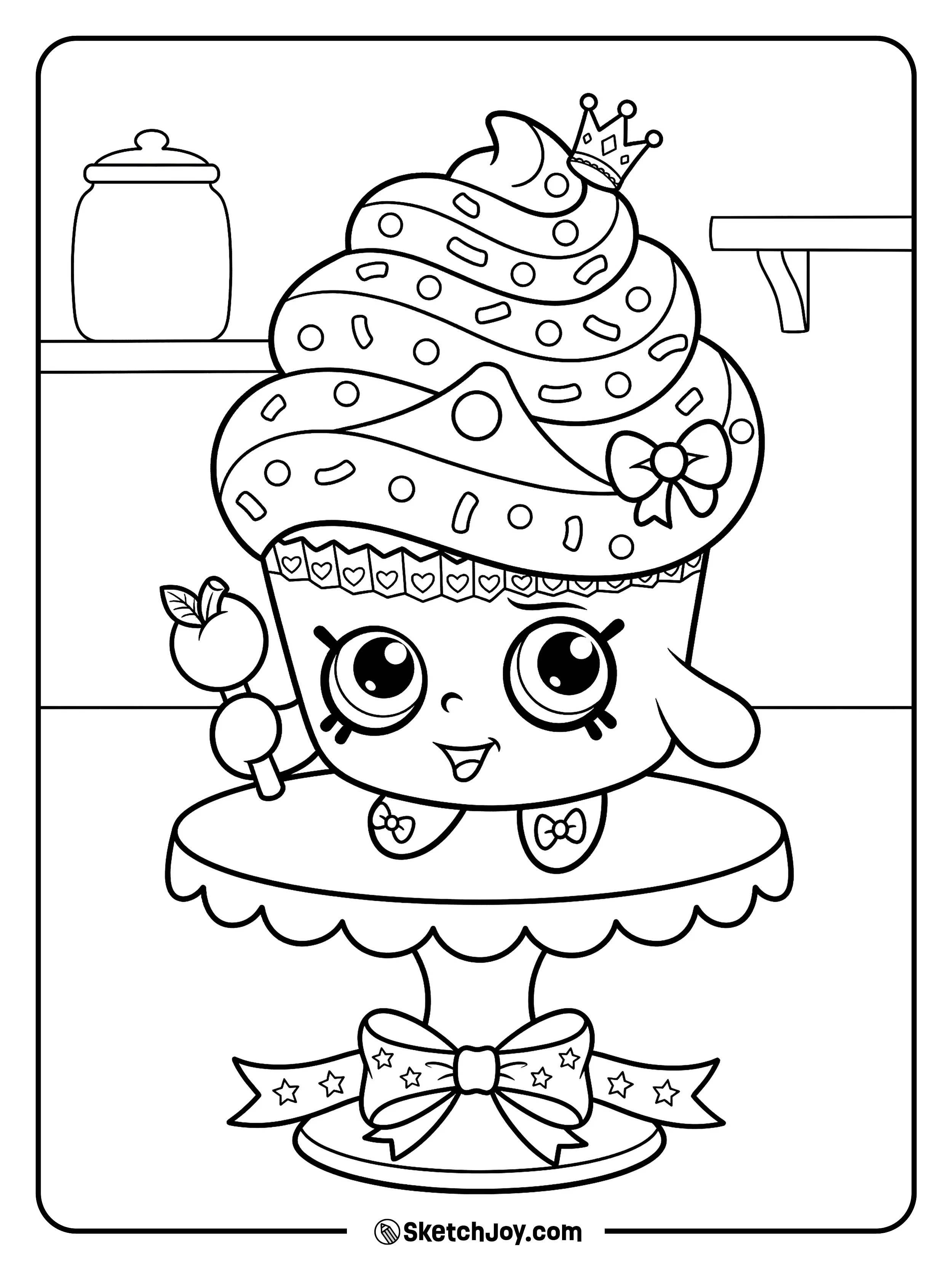 Cupcake Queen stands on a cake stand and looks fun and fancy.