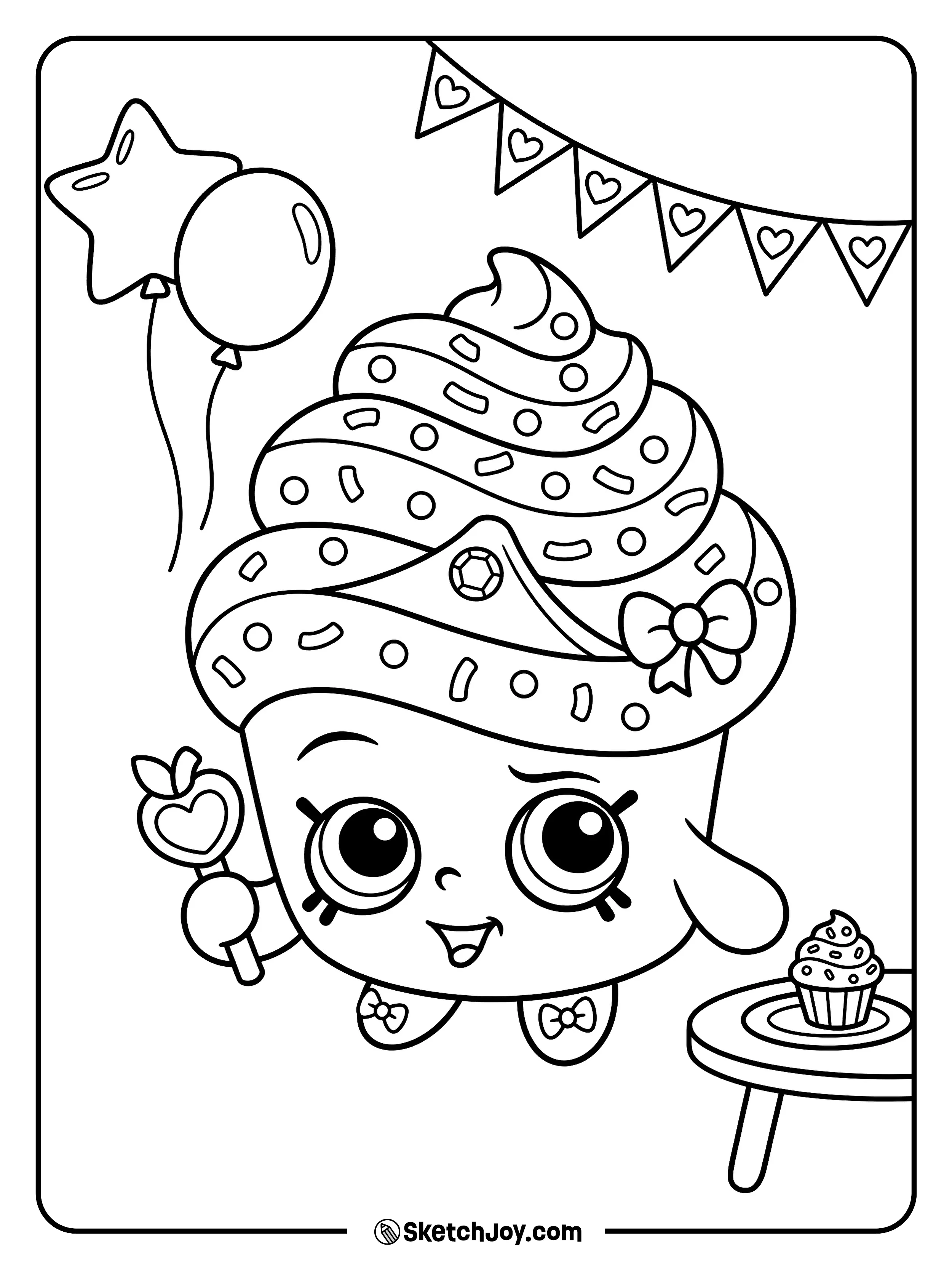 Cupcake Queen smiles in a simple party scene with balloons and a bow.