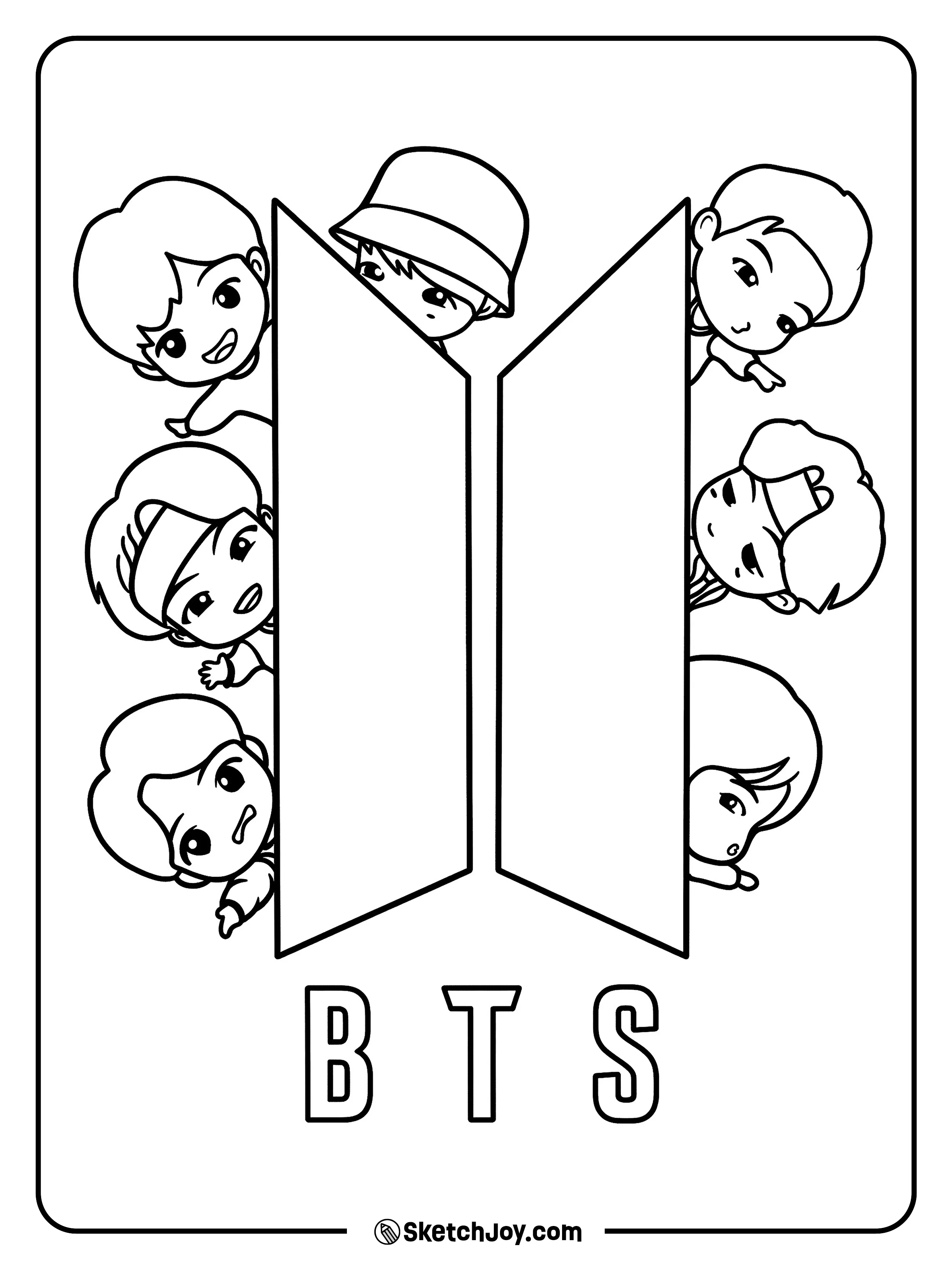 A cute BTS design with playful cartoon faces around the group logo.