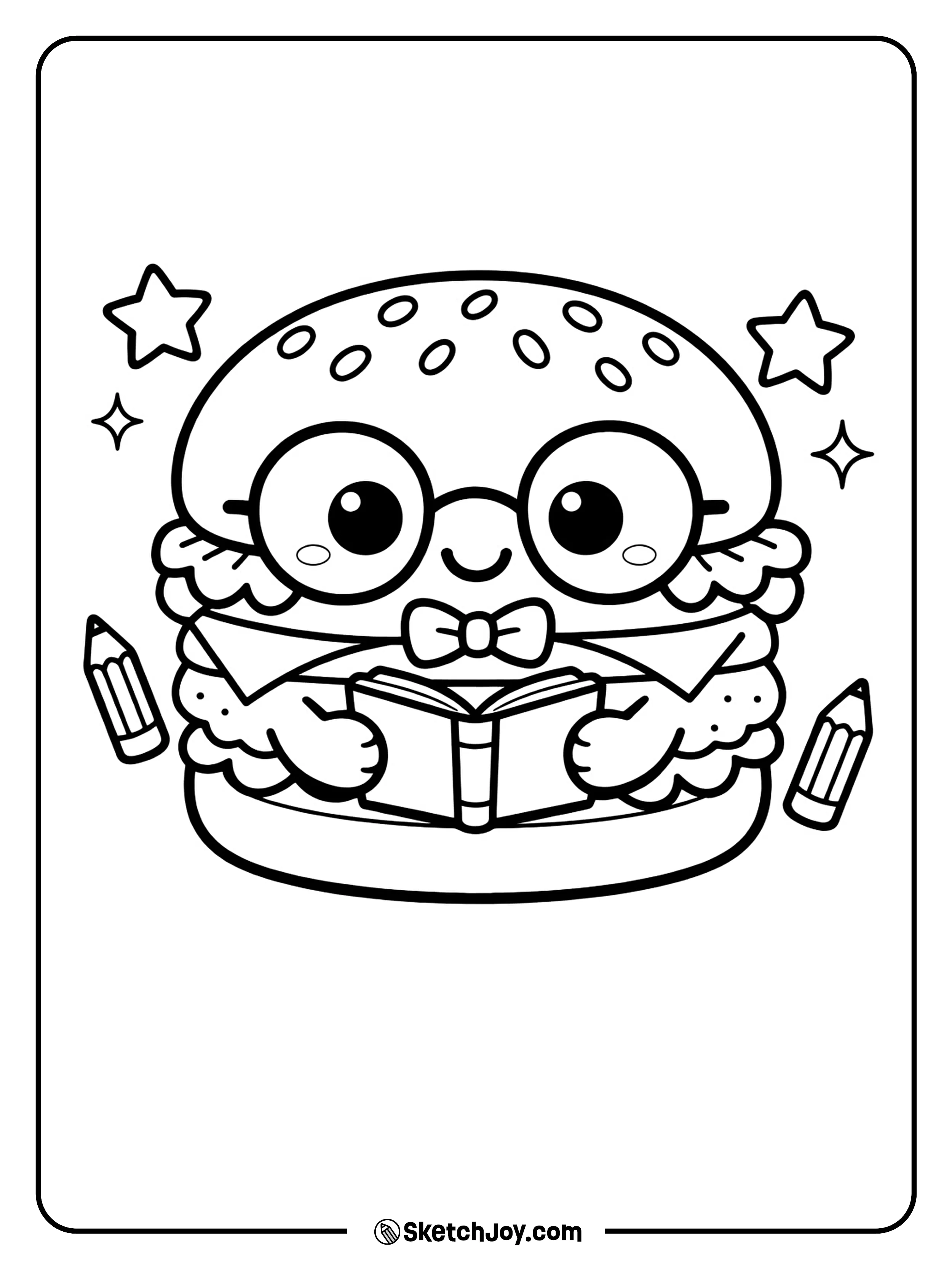 A nerdy little burger wears glasses and smiles in a fun cartoon style.
