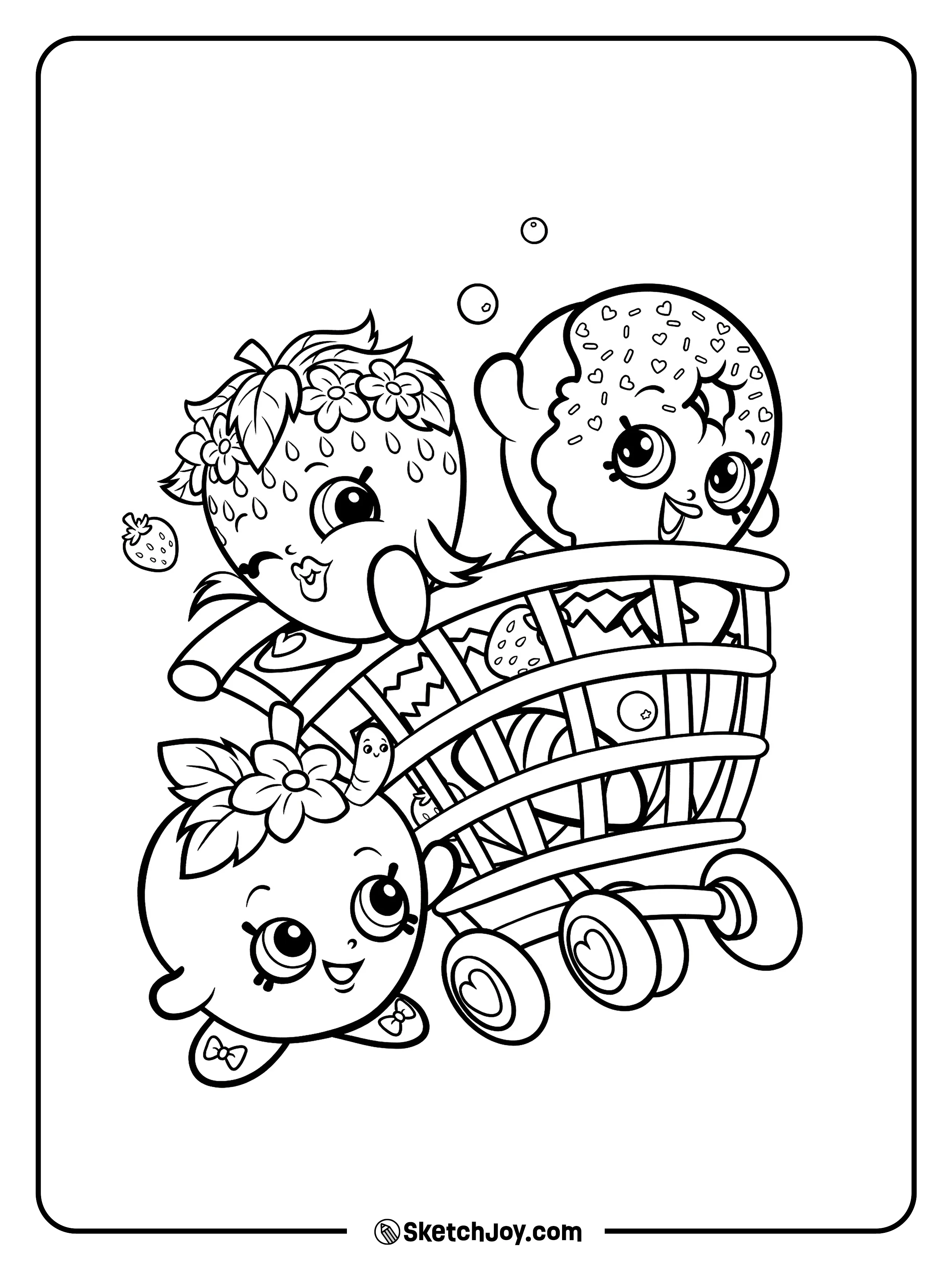 Three sweet Shopkins friends ride together in a fun cart with fruit and treat details.