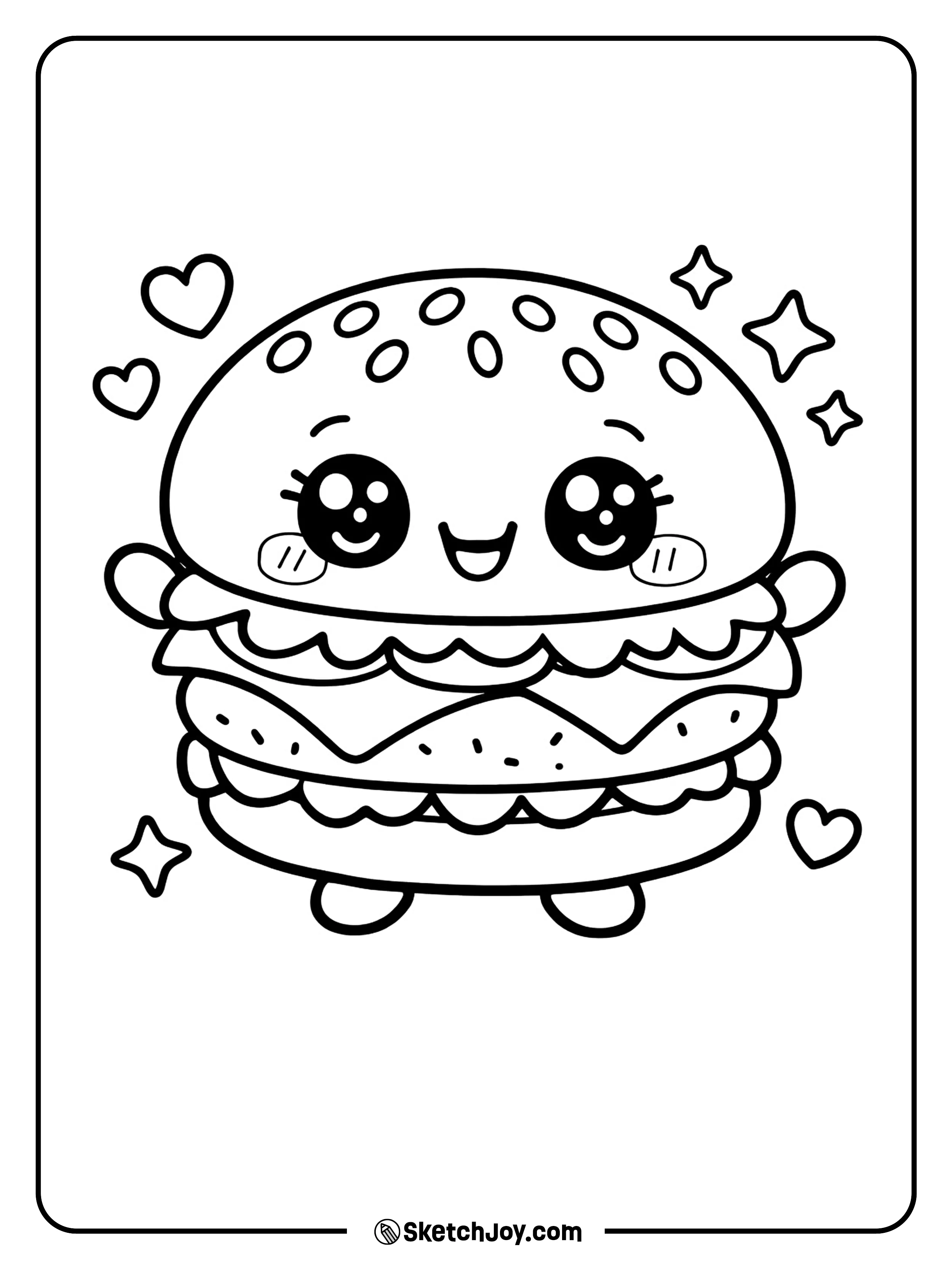 A happy burger with a sweet face, tiny arms, and a fun cute style.