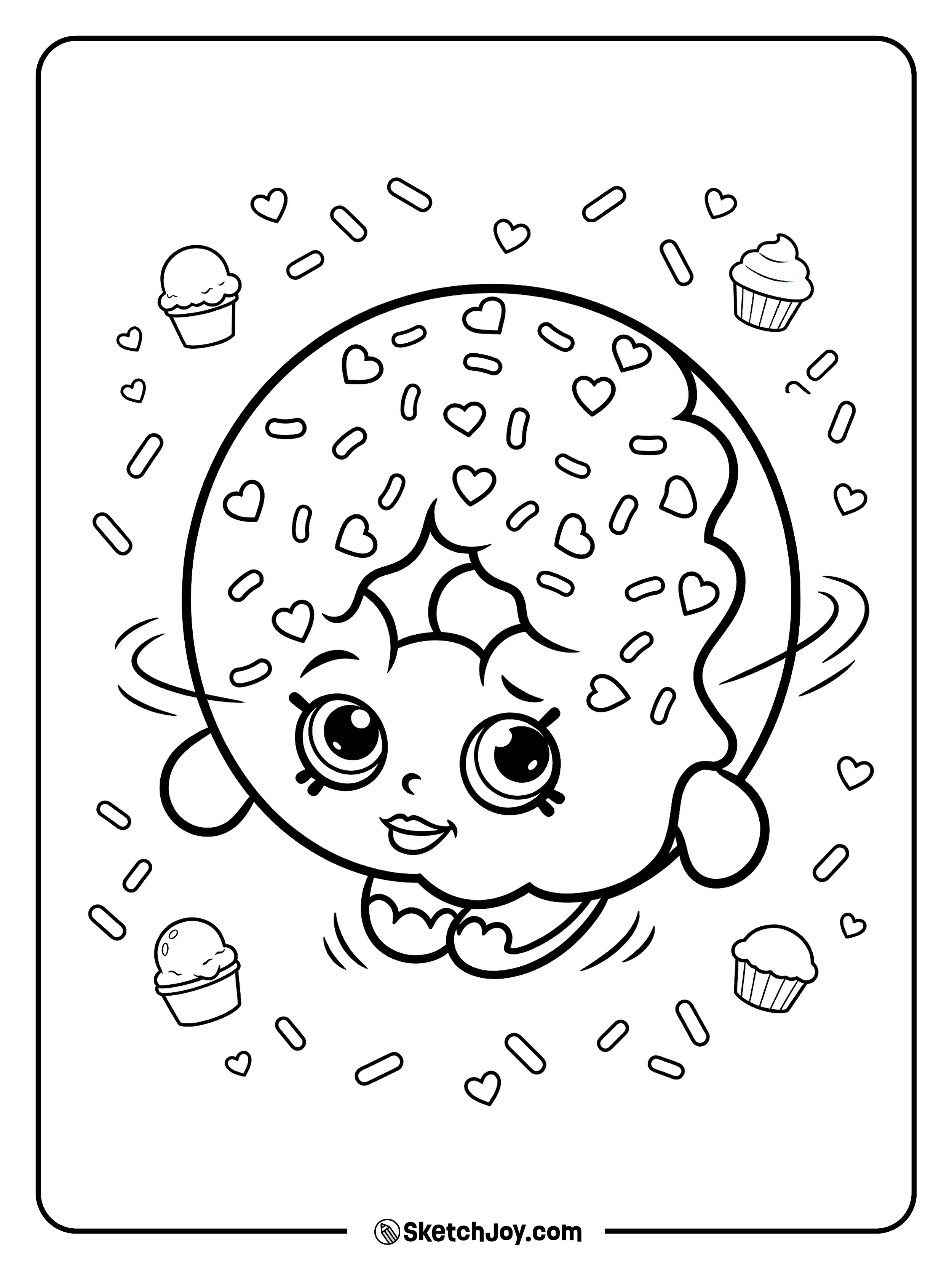 D’Lish Donut smiles in a playful pose with a few cute sprinkles around her.