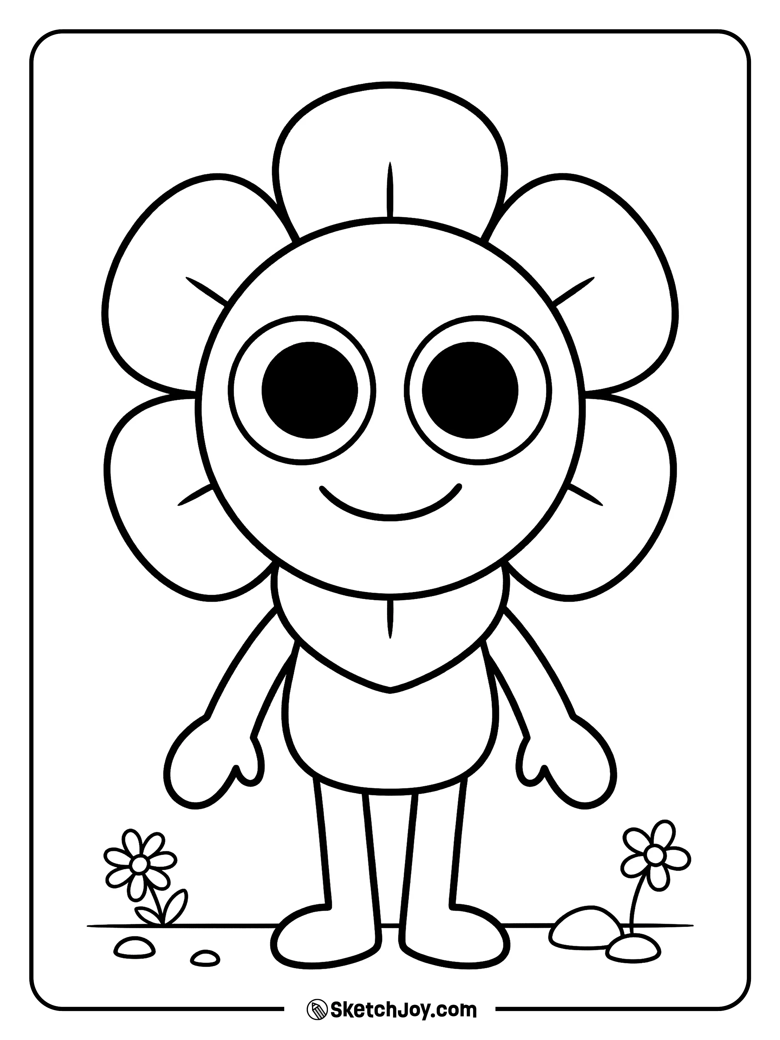 Dandy stands with a big smile and his rainbow petals spread wide.