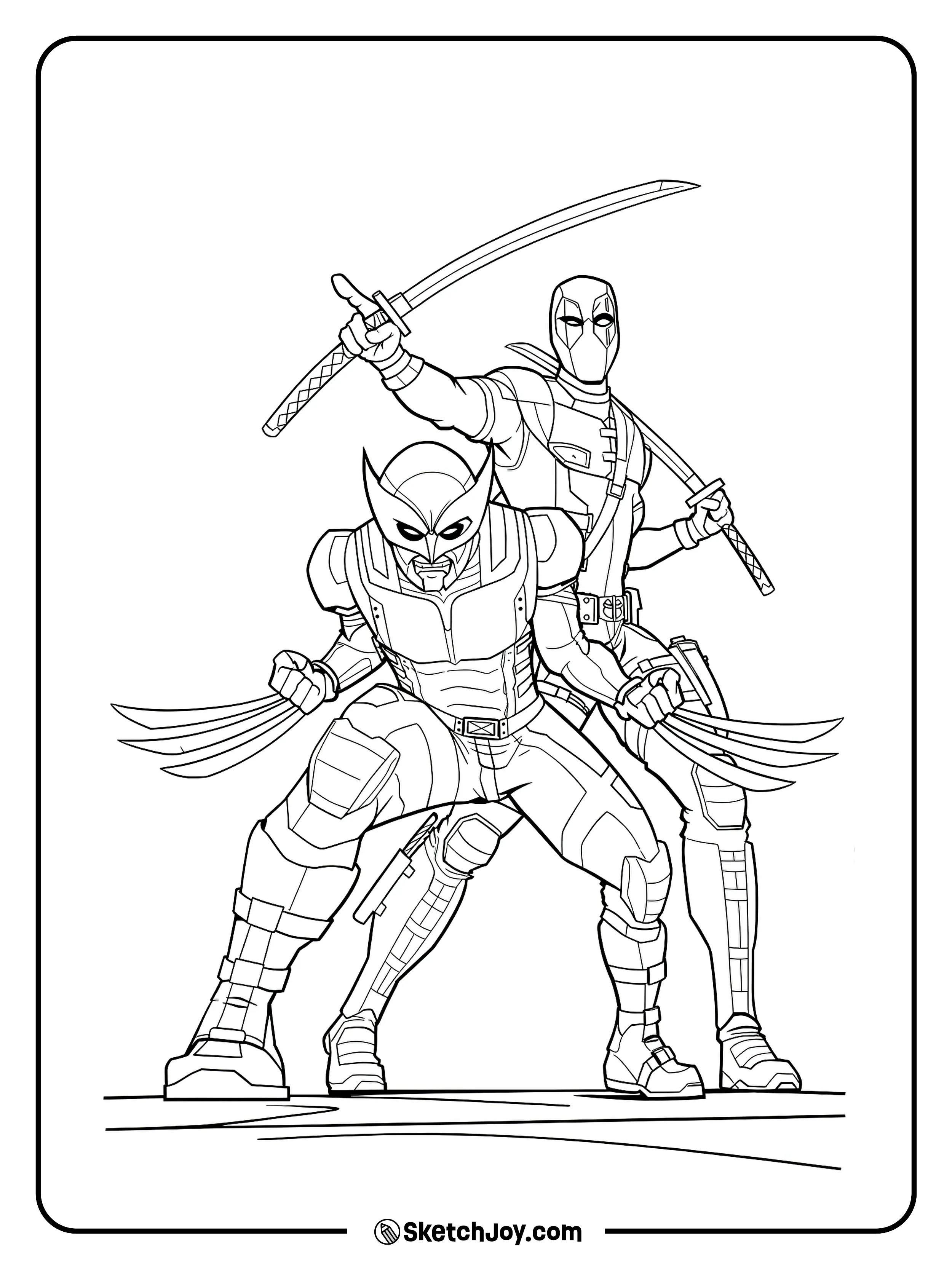 Two fierce heroes pose for a fight scene.