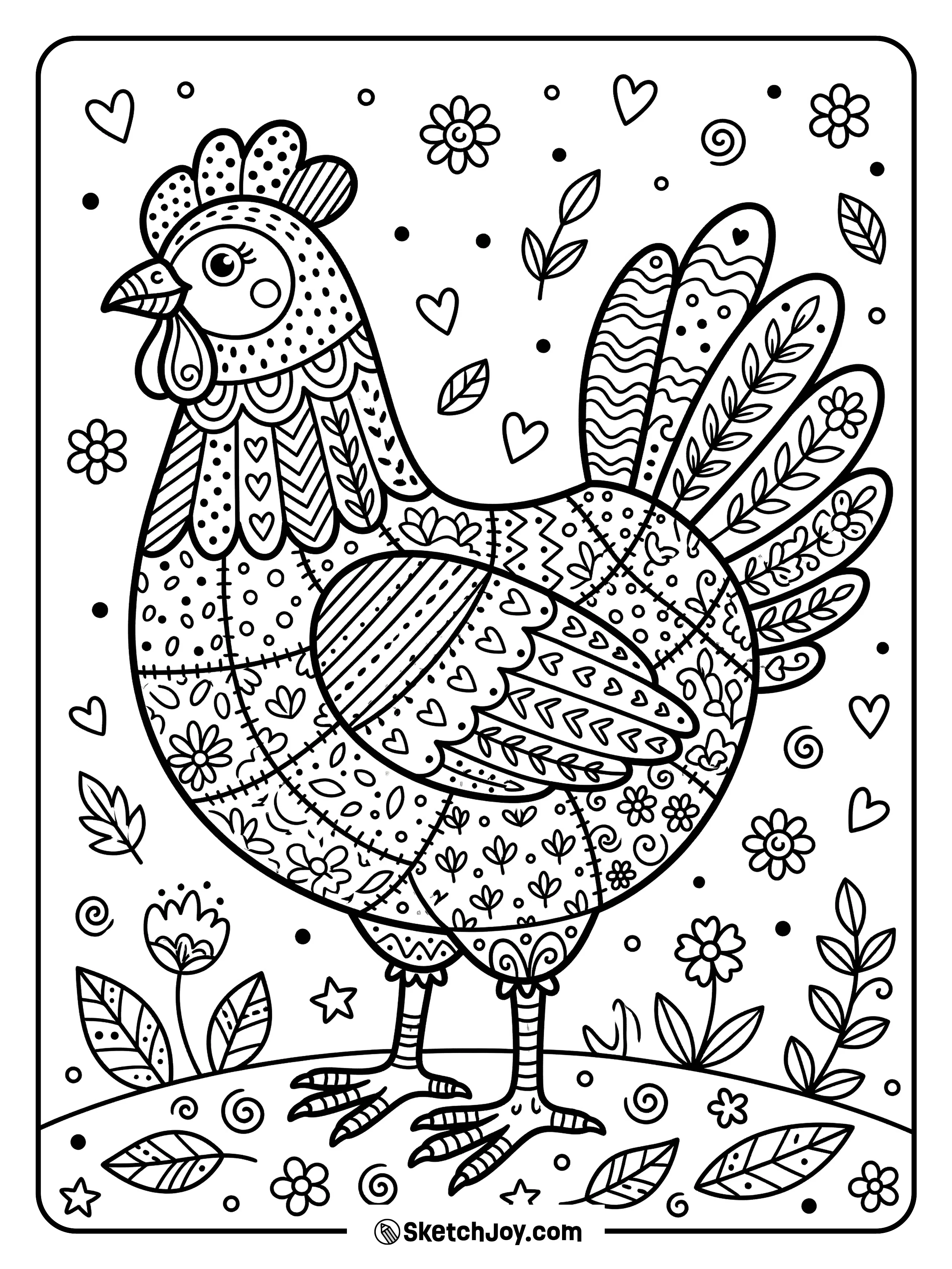 A hen has bold patchwork feathers that make the whole design look fun and rich.