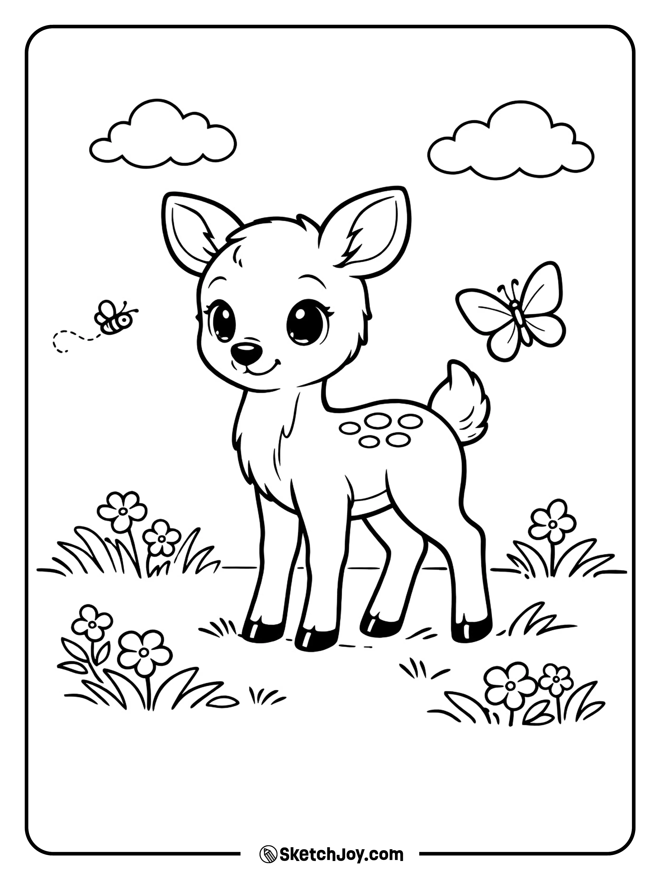 A gentle deer stands among spring blooms and grass.