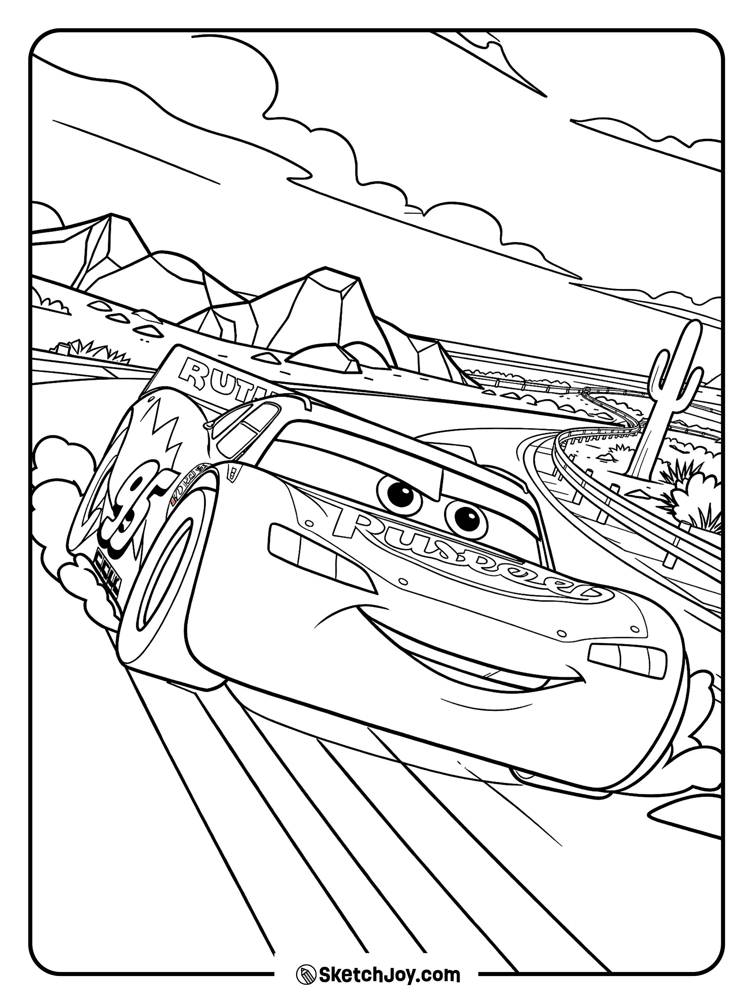 Lightning McQueen speeds through a desert road with a sharp turn and open sky.