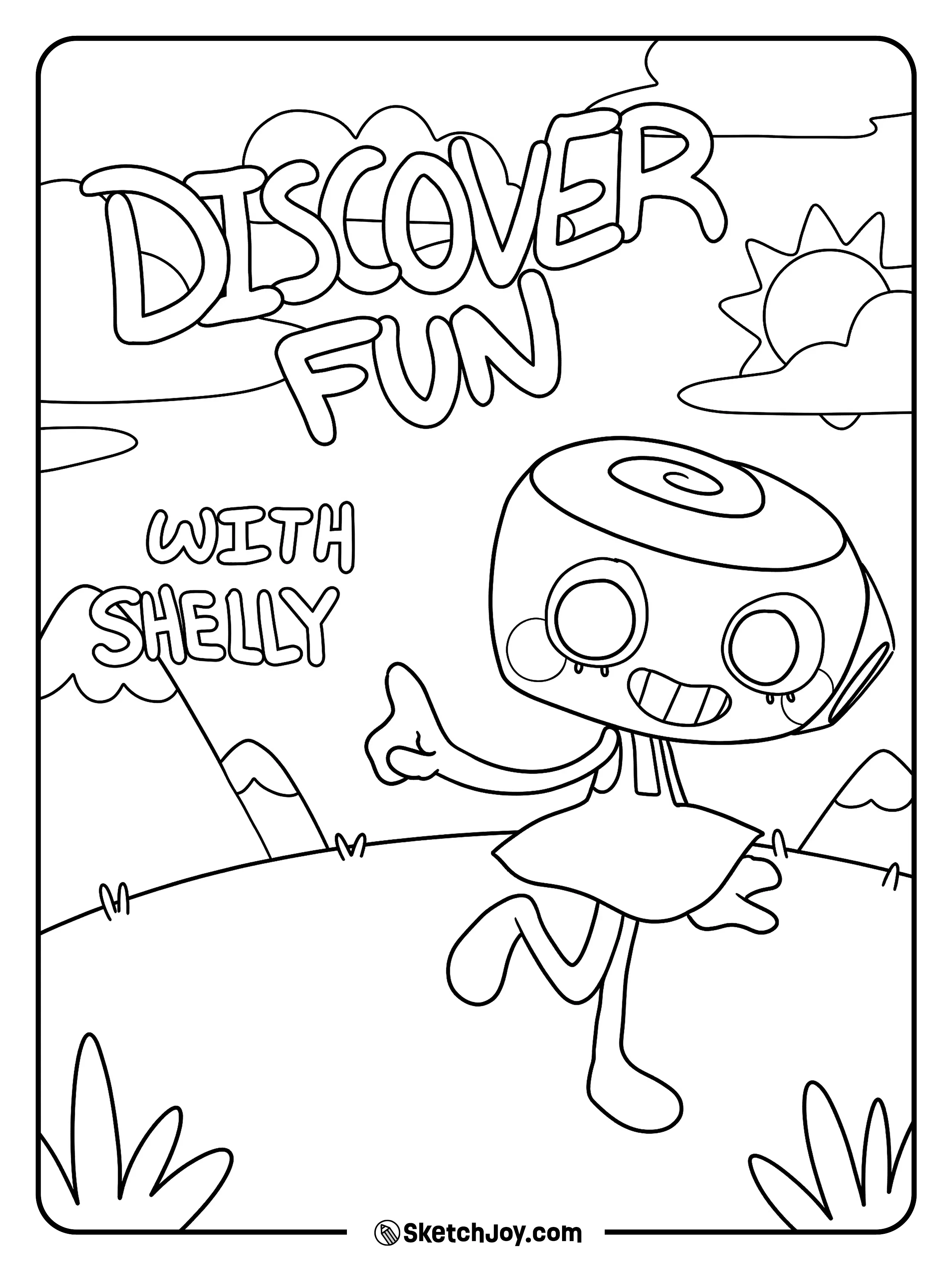 Shelly runs across a cheerful hill under the sun and clouds.