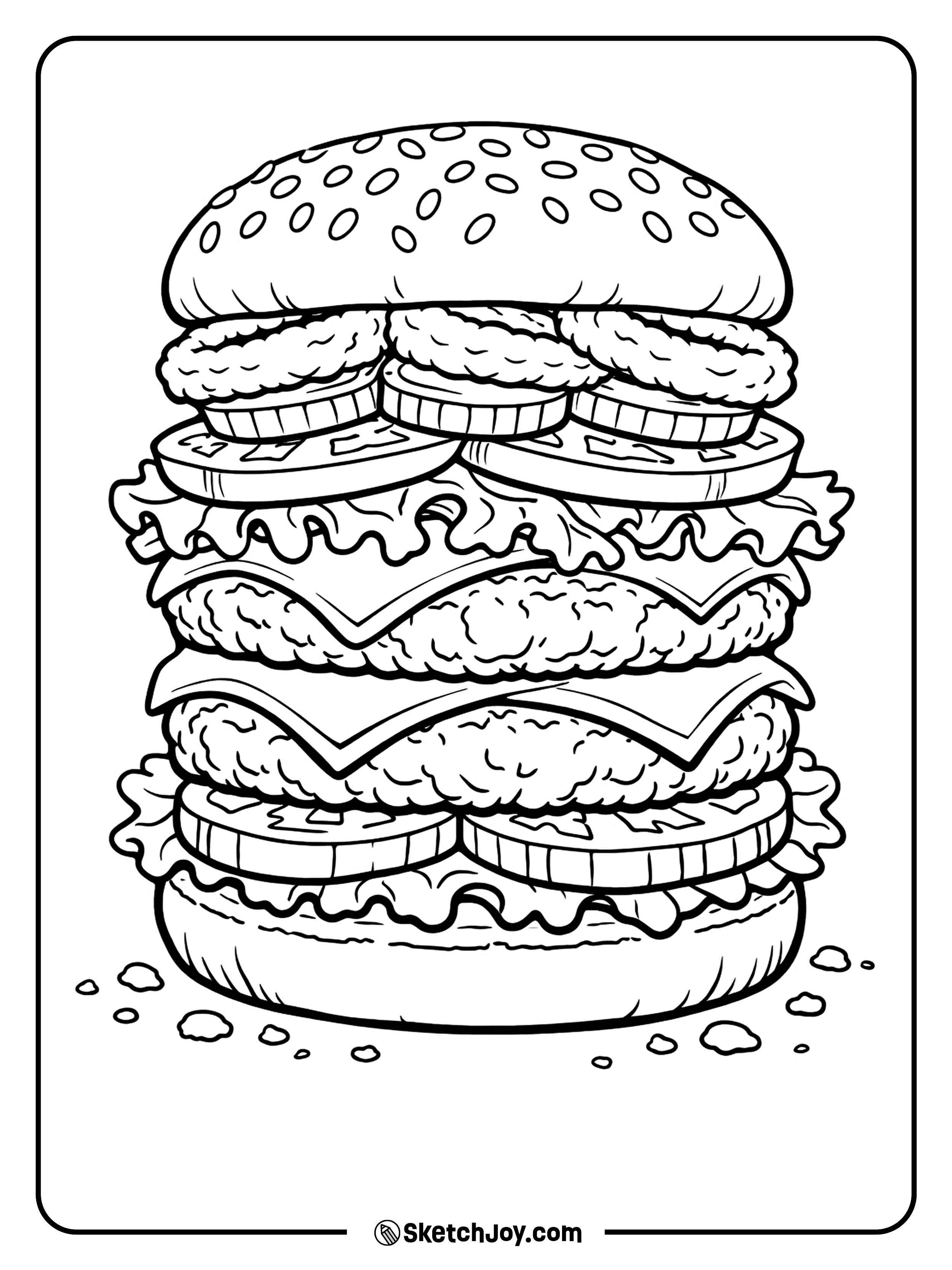 A huge double burger stacked with tasty layers from top to bottom.