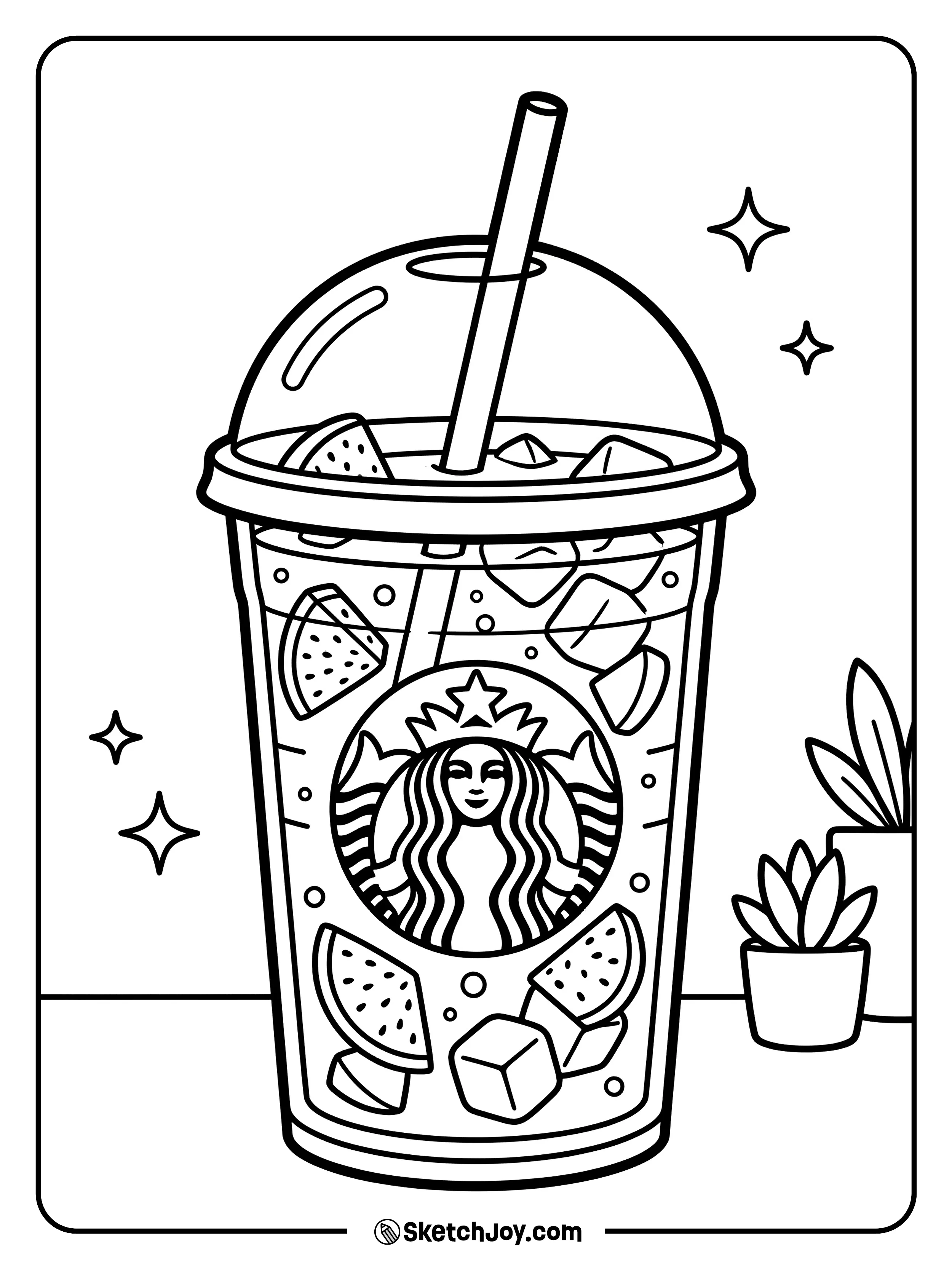 A bright tropical drink with small pieces of dragon fruit floating inside.