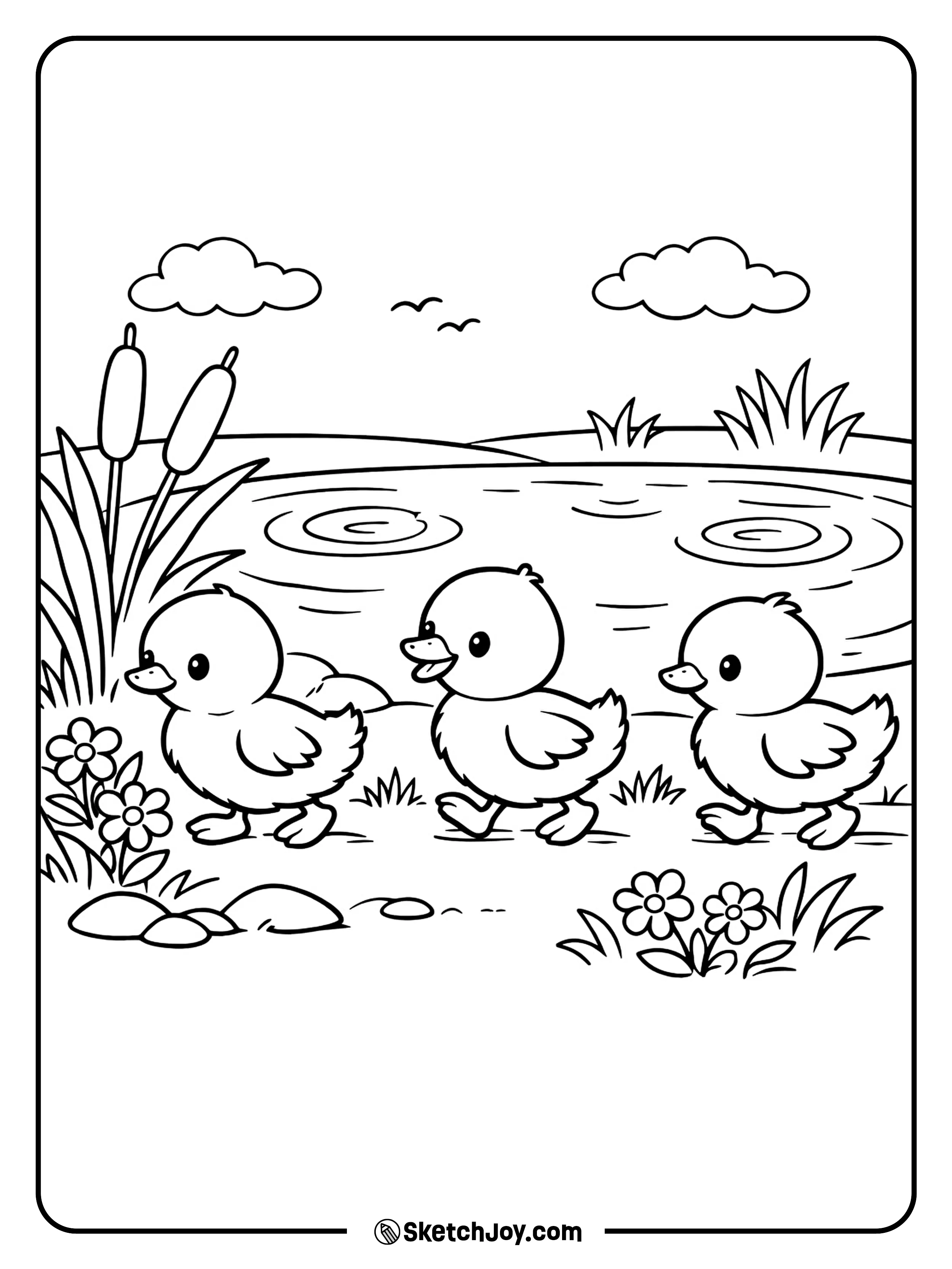 Baby ducks waddle near water and spring grass.