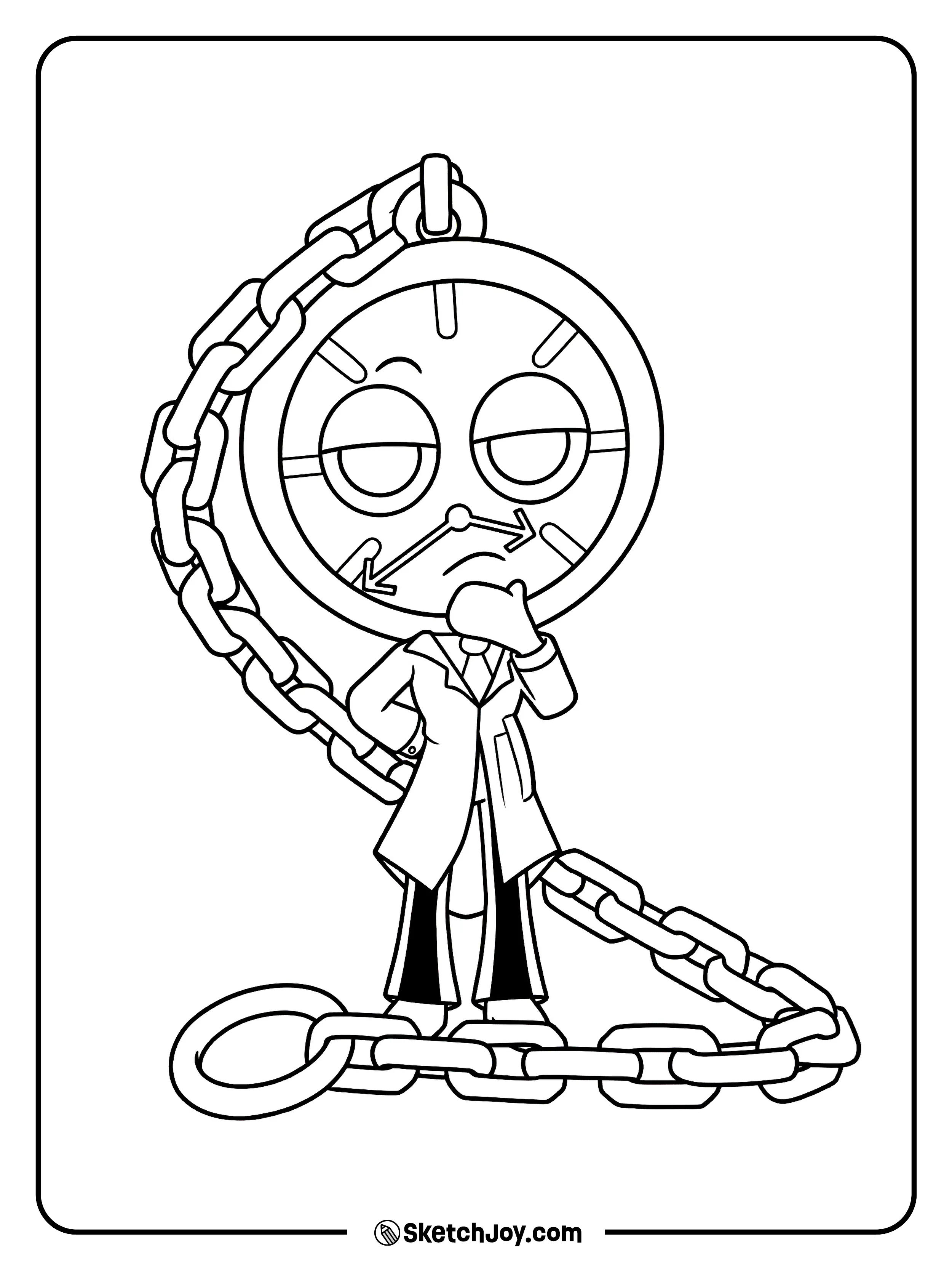 Dyle stands with a chain around him and a deep thinking face.