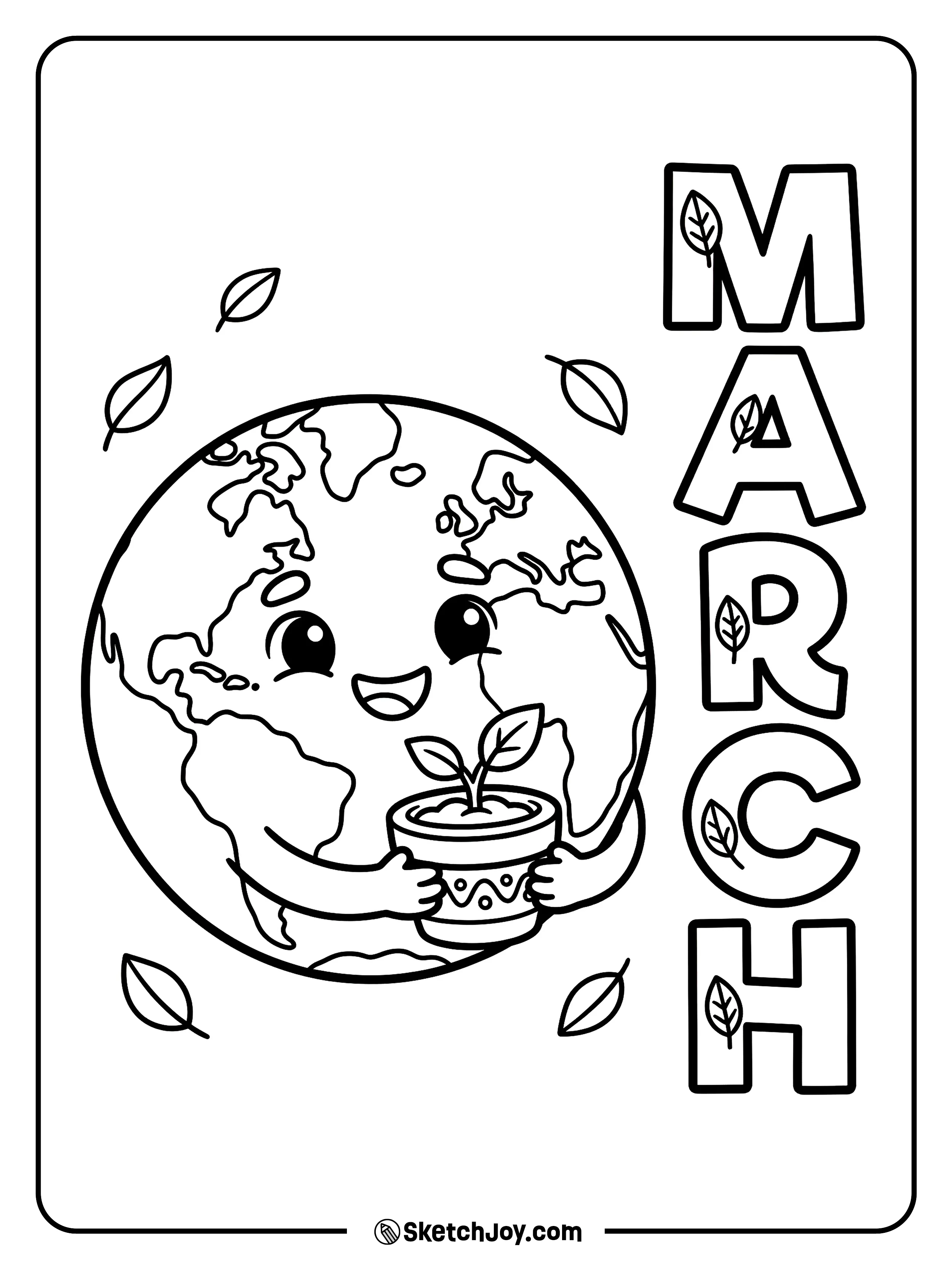 A smiling earth holds a small plant next to bold MARCH letters and tiny leaves.