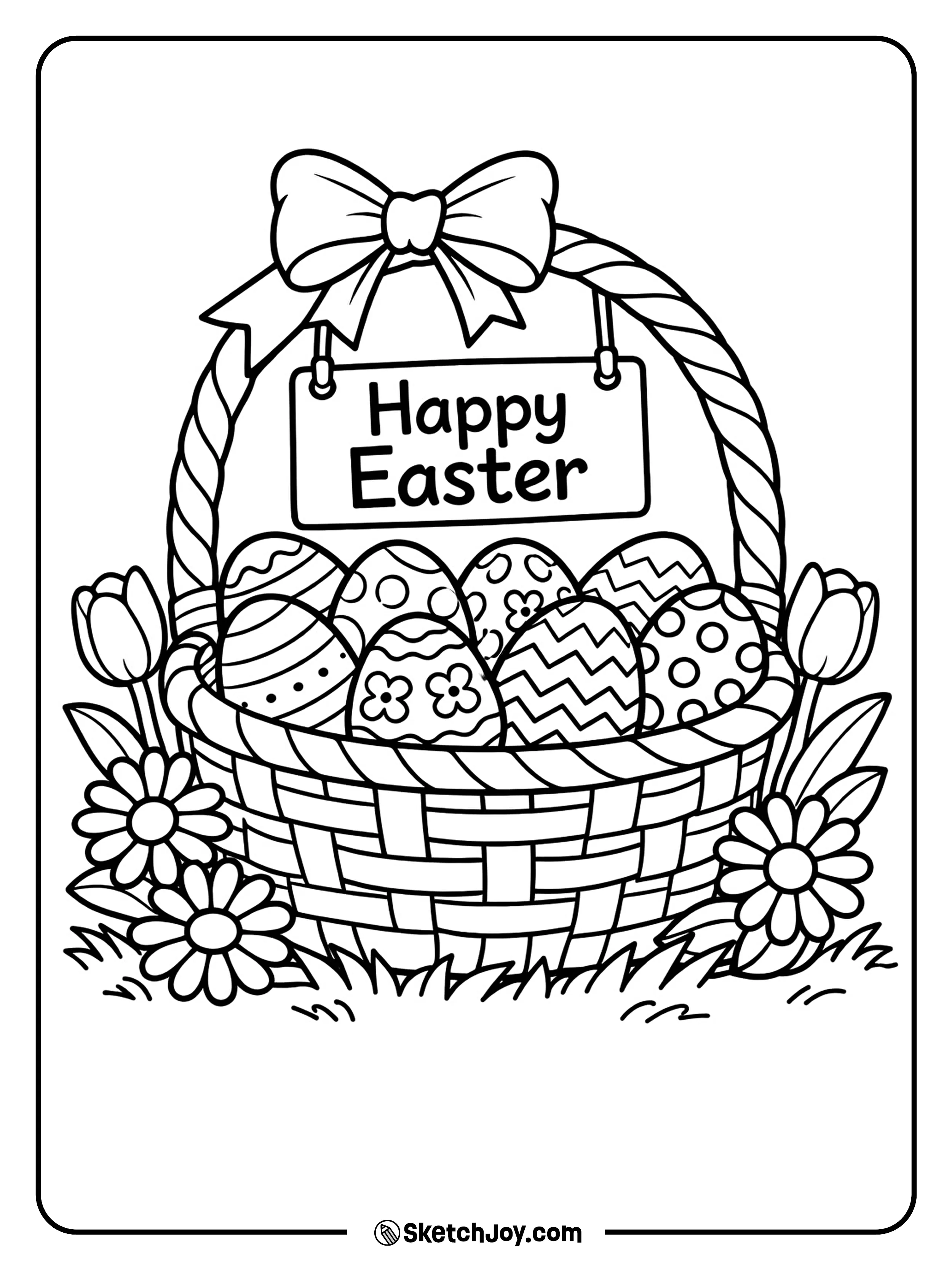 A woven basket is packed with pretty eggs and flowers.