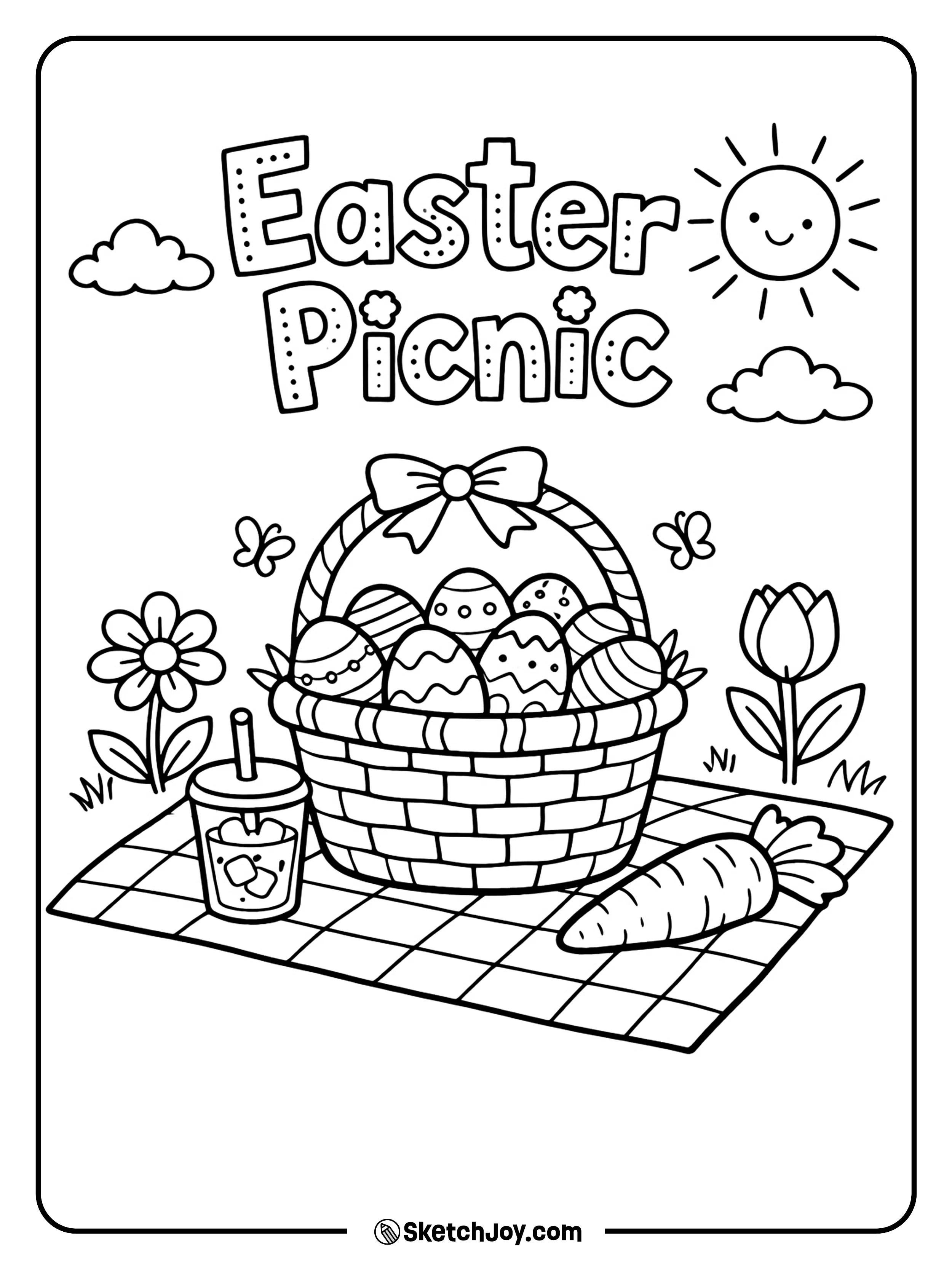 A basket of eggs sits on a picnic blanket in the grass.