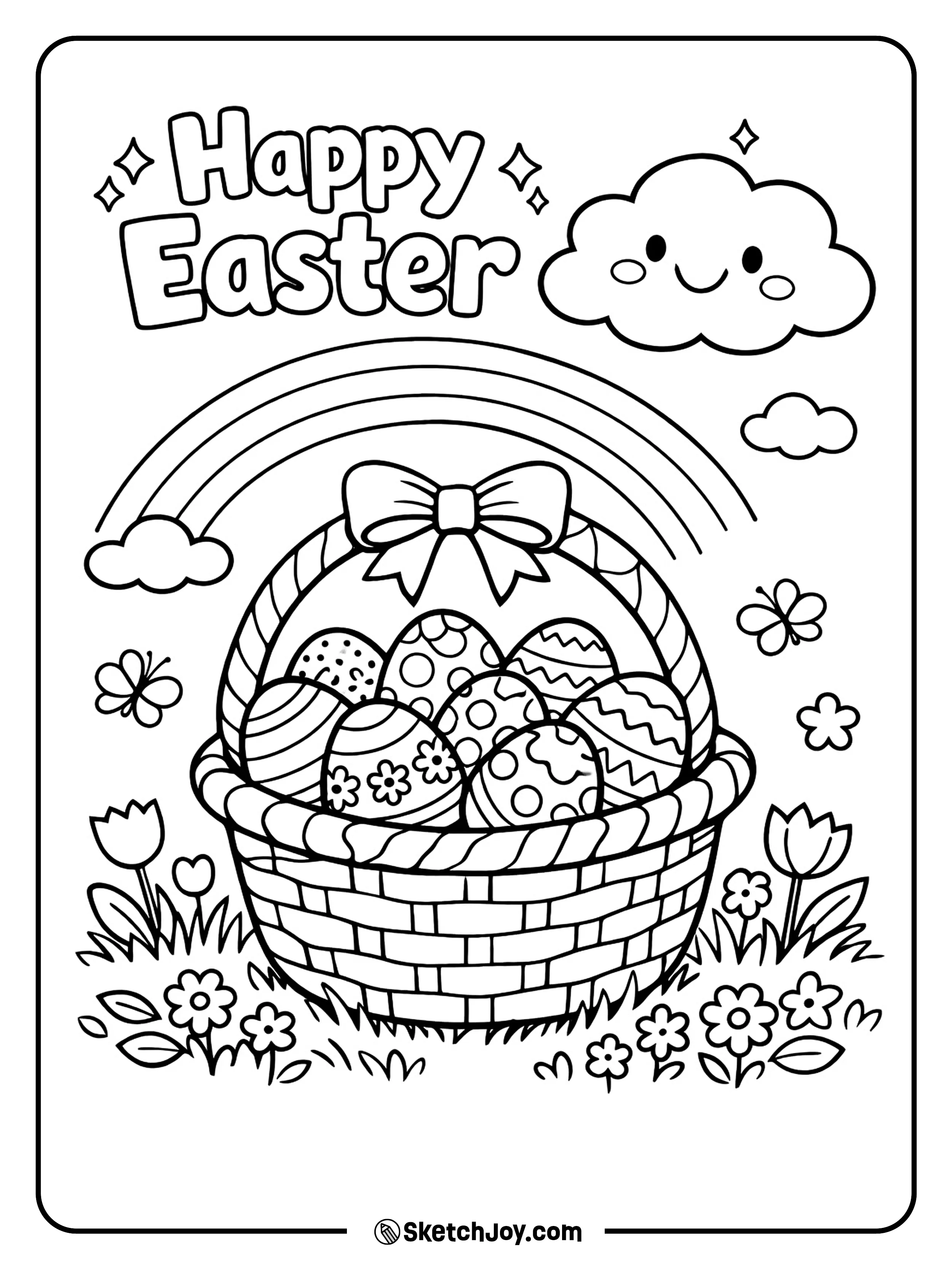 A basket of eggs sits under a soft spring rainbow.