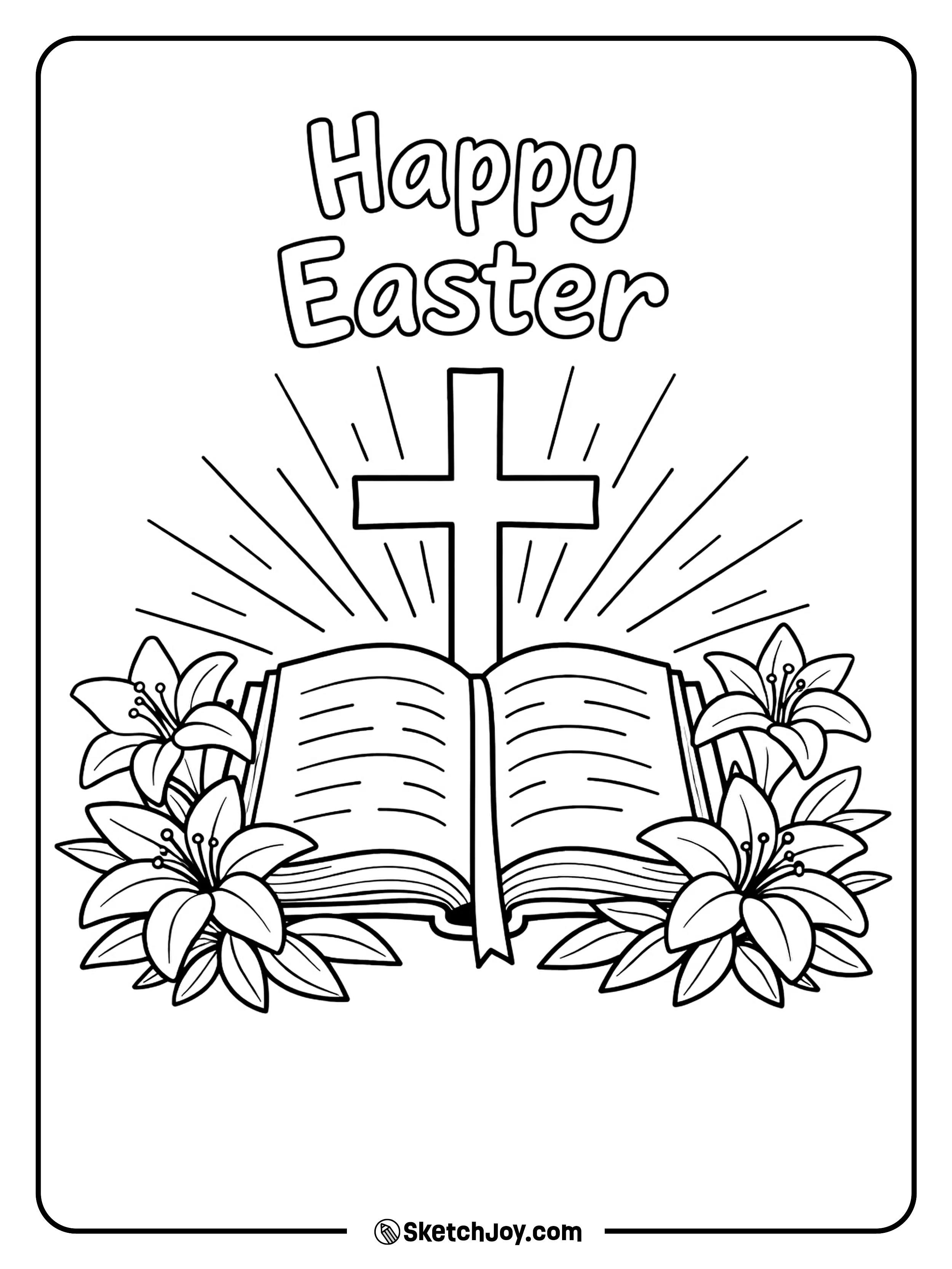 An open Bible rests beside lilies and a cross.