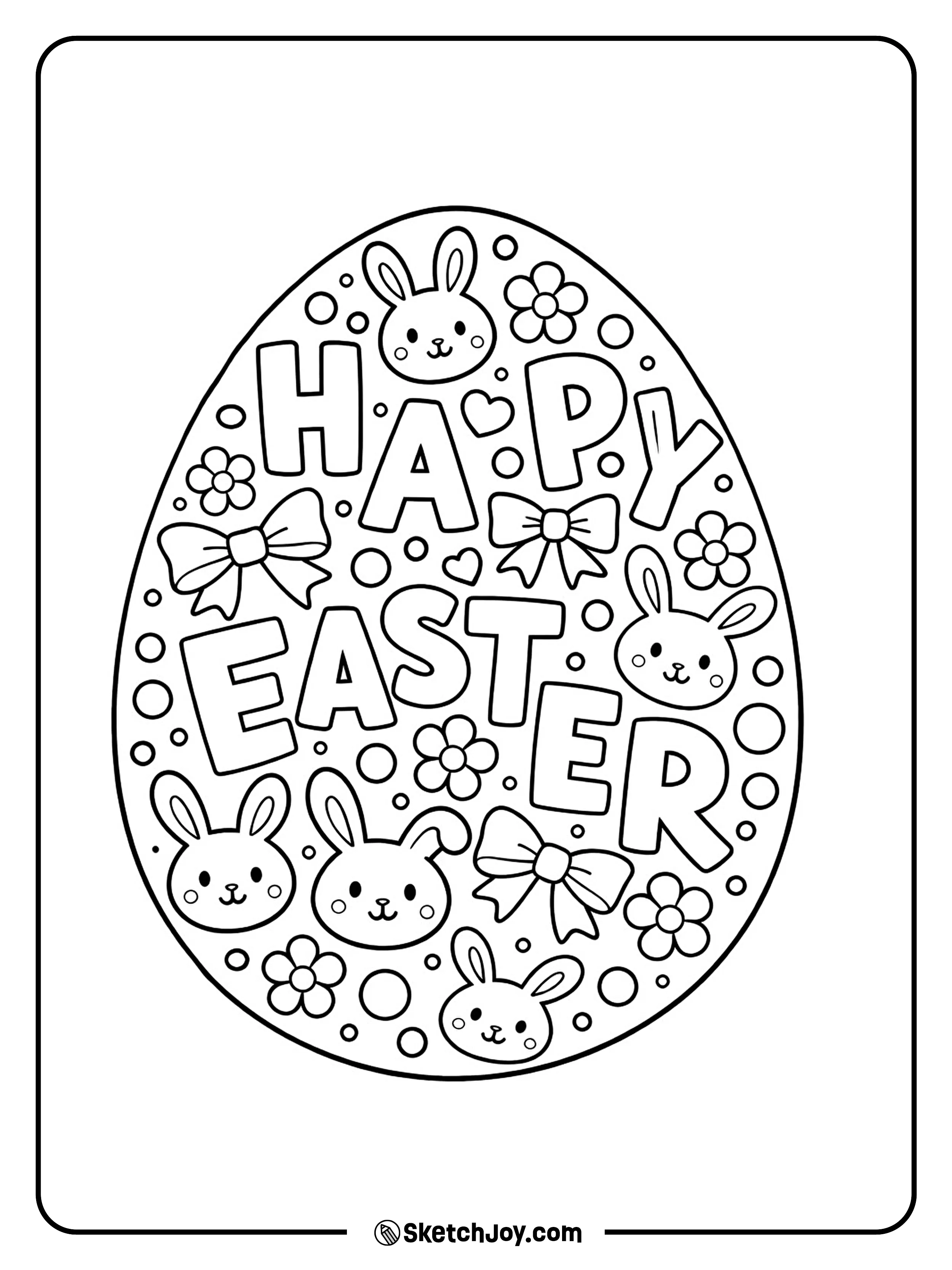 A giant egg is filled with letters, flowers, and bunny shapes.