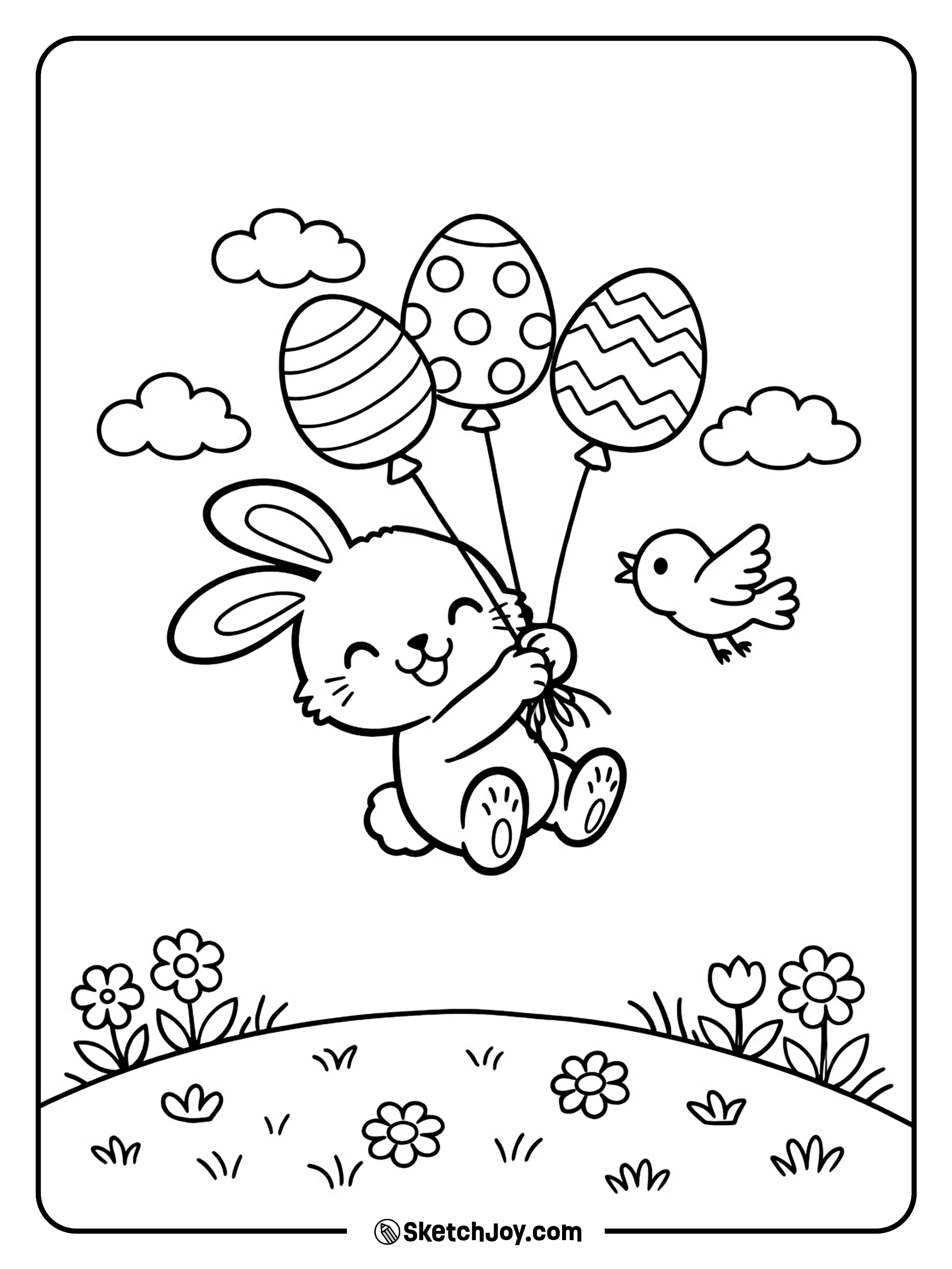 A bunny floats in the sky with egg balloons.
