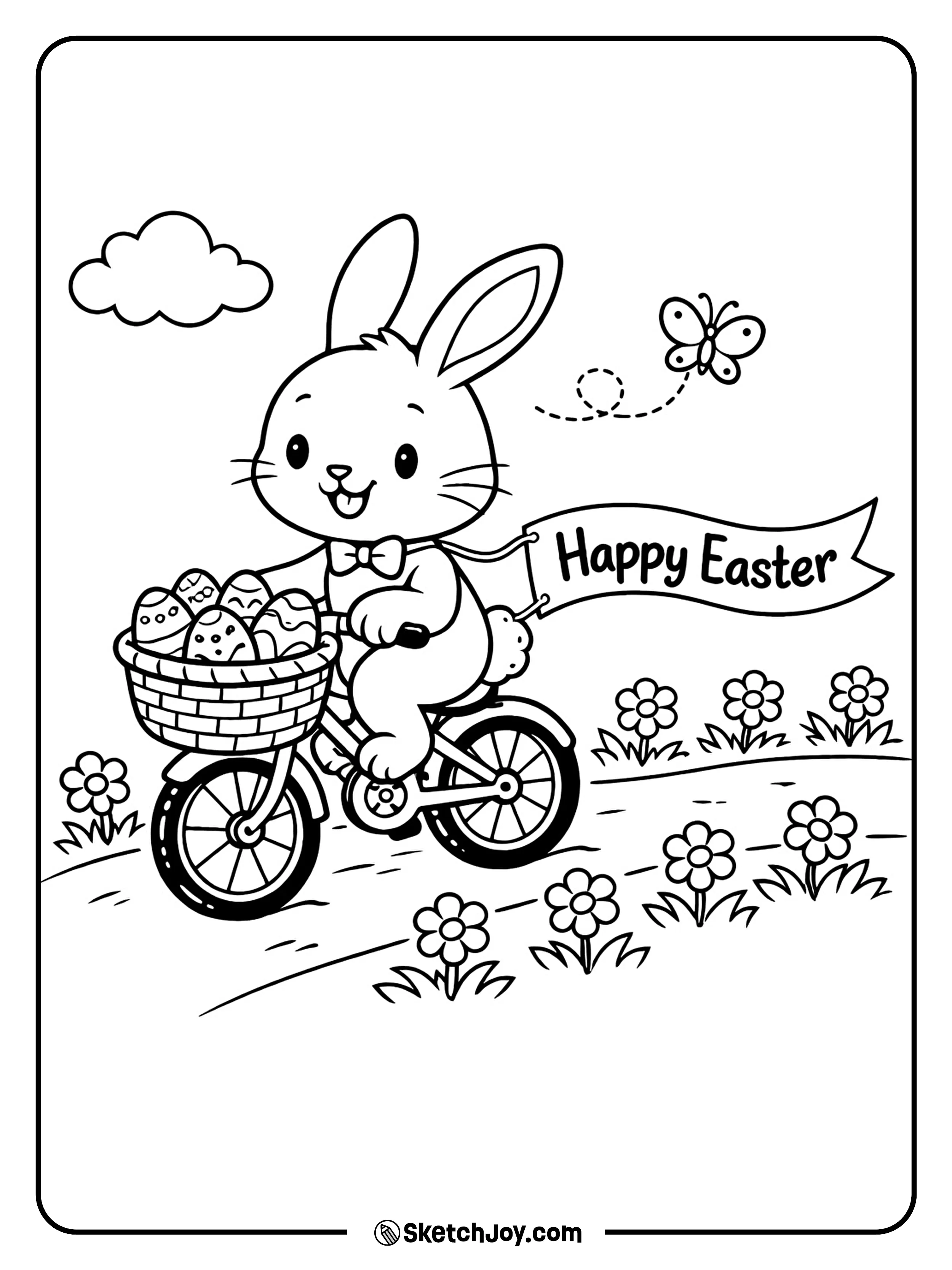 A bunny rides past flowers with a basket of eggs.