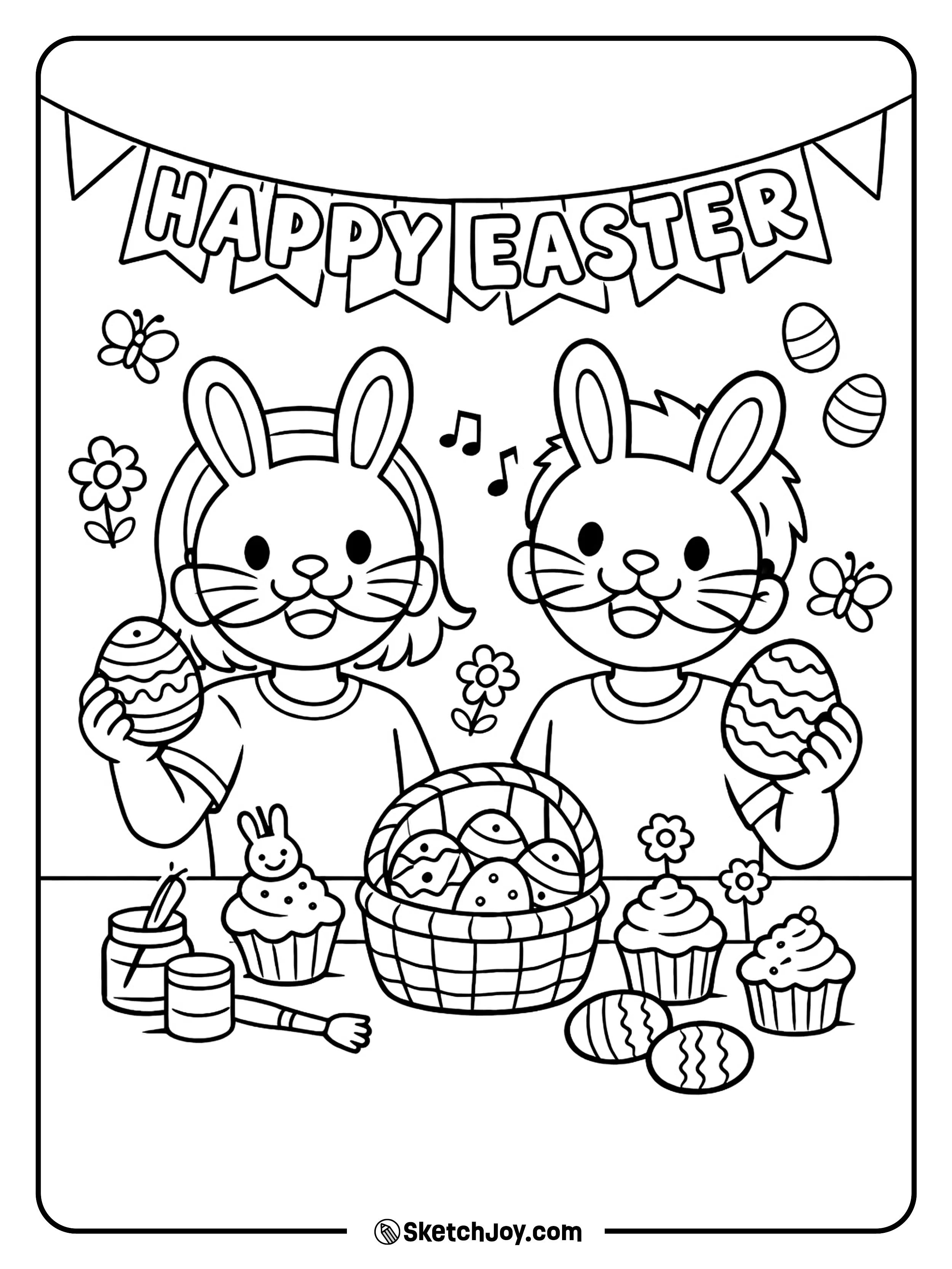 Kids wear bunny masks and hold eggs at a party.