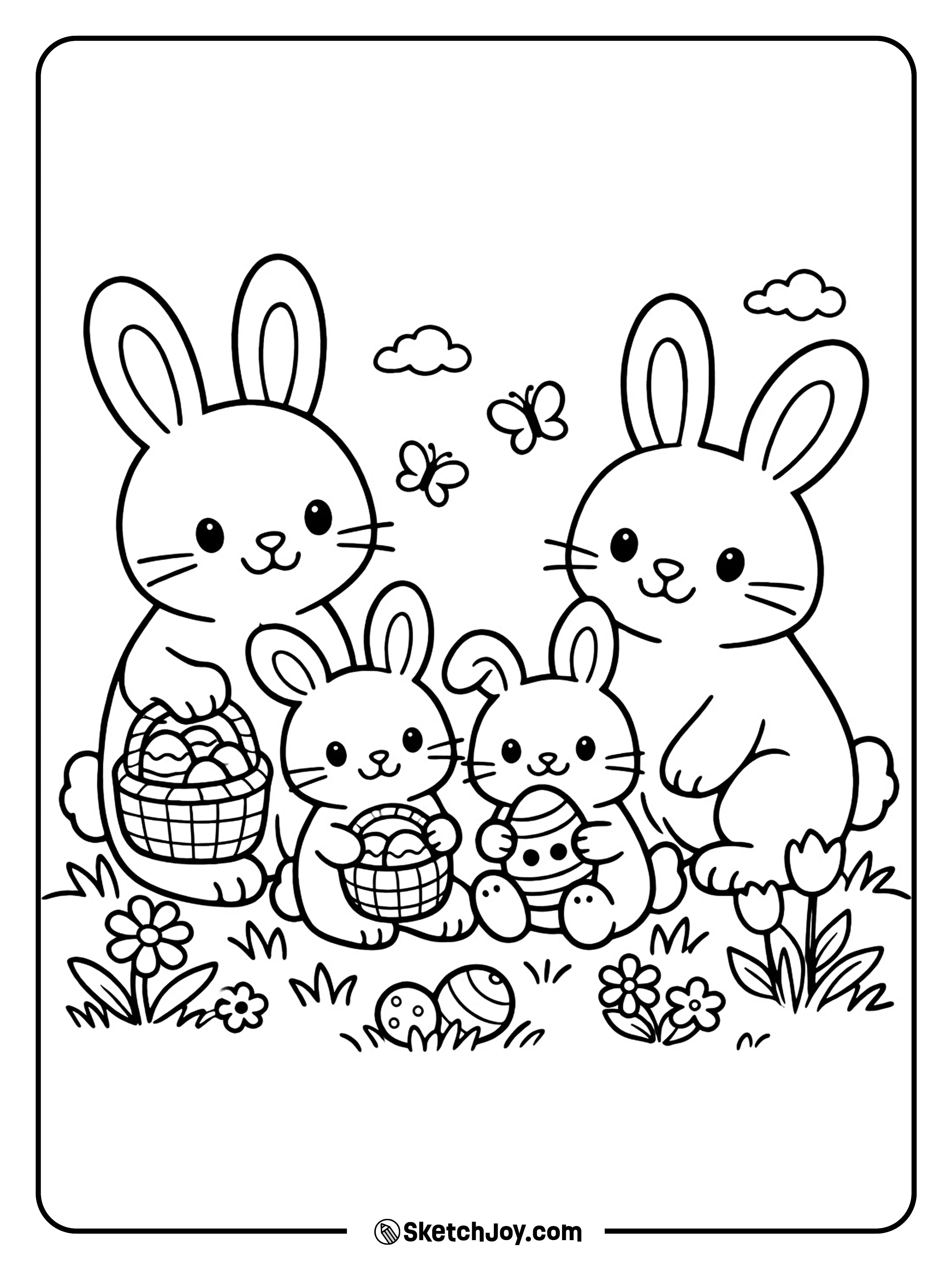 A bunny family gathers with baskets and eggs in the grass.