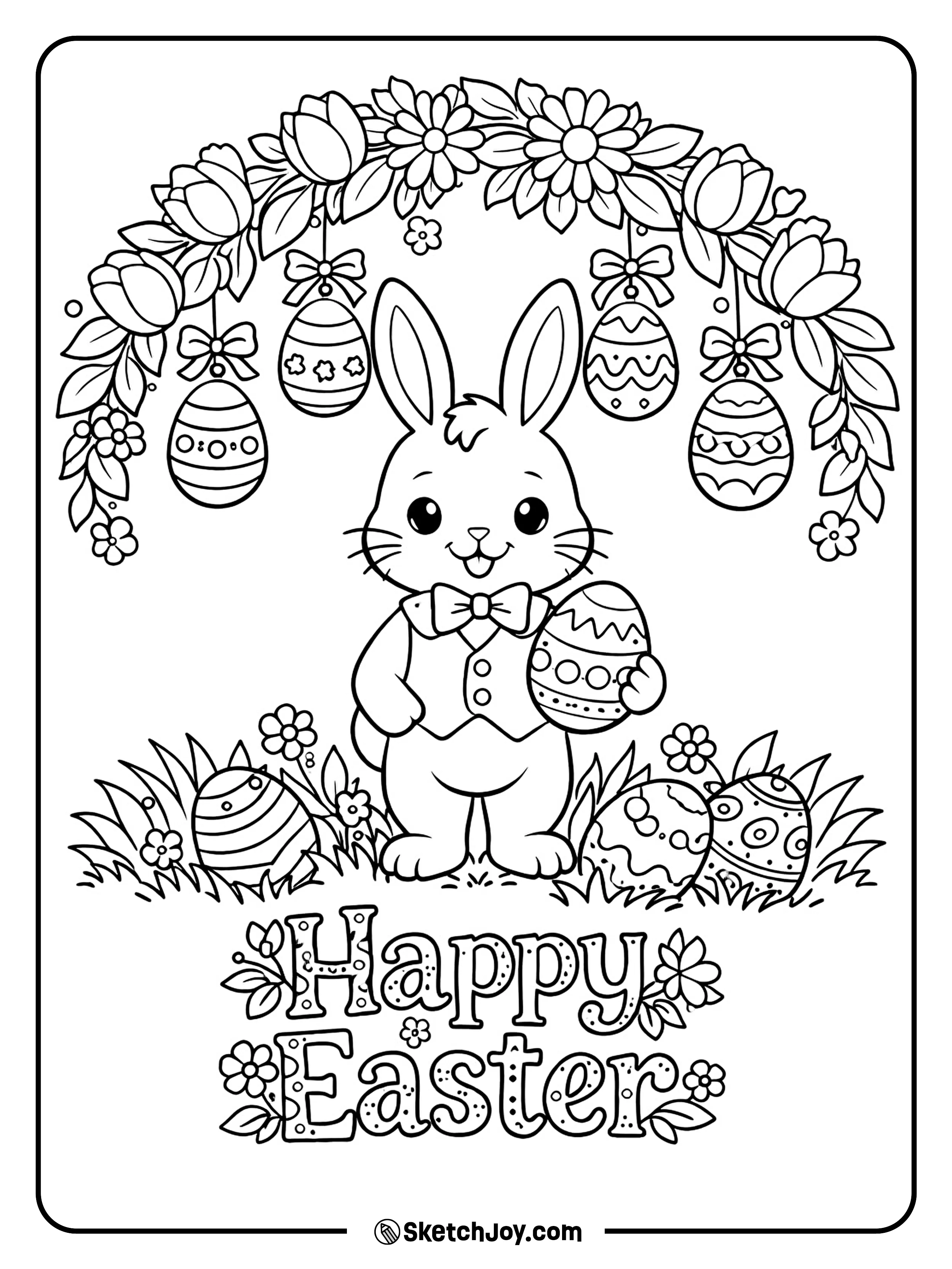 A bunny stands under a flower arch with eggs below.