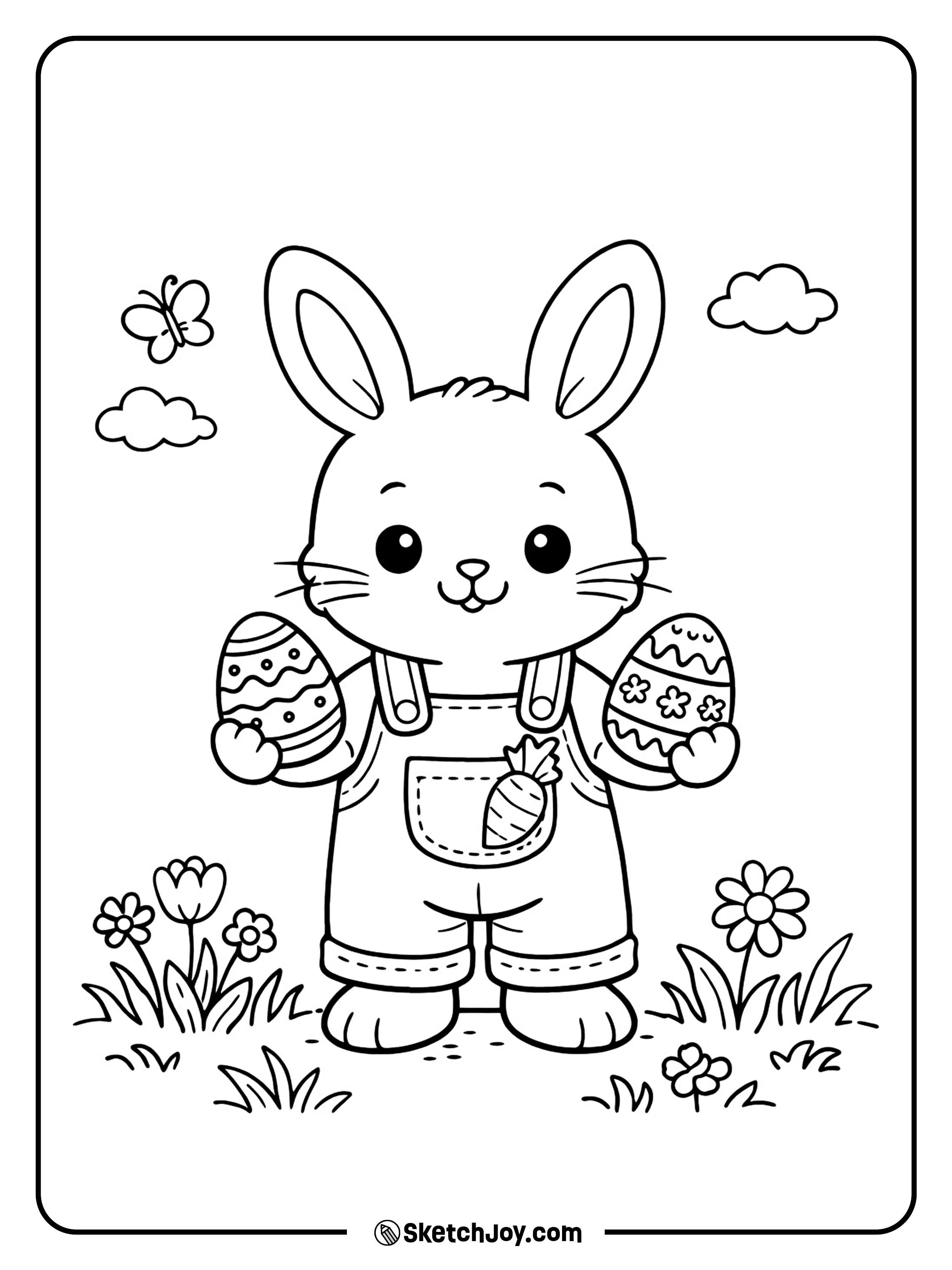 A bunny in overalls holds eggs with a proud smile.
