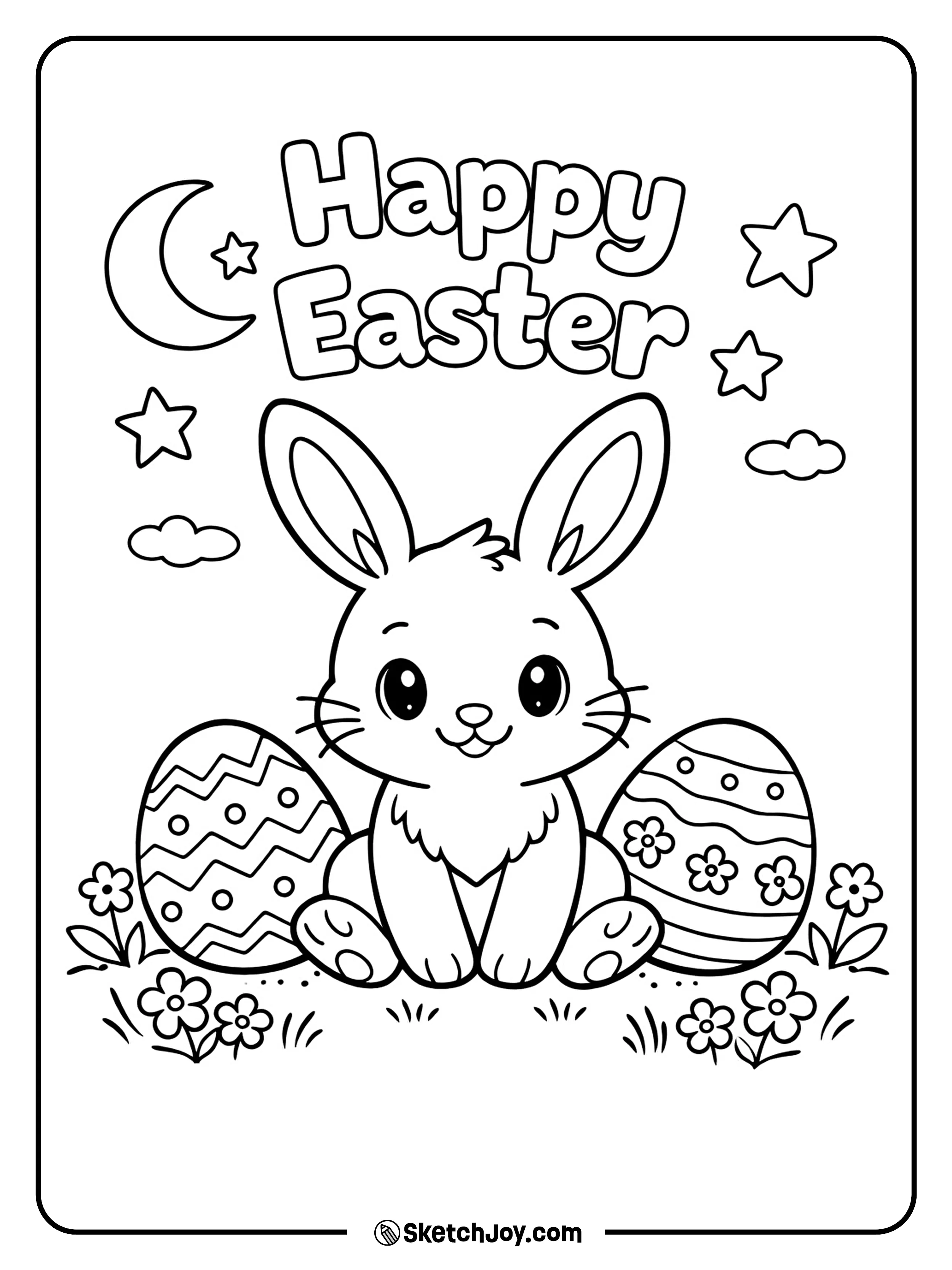 A sleepy bunny sits with eggs under a calm night sky.