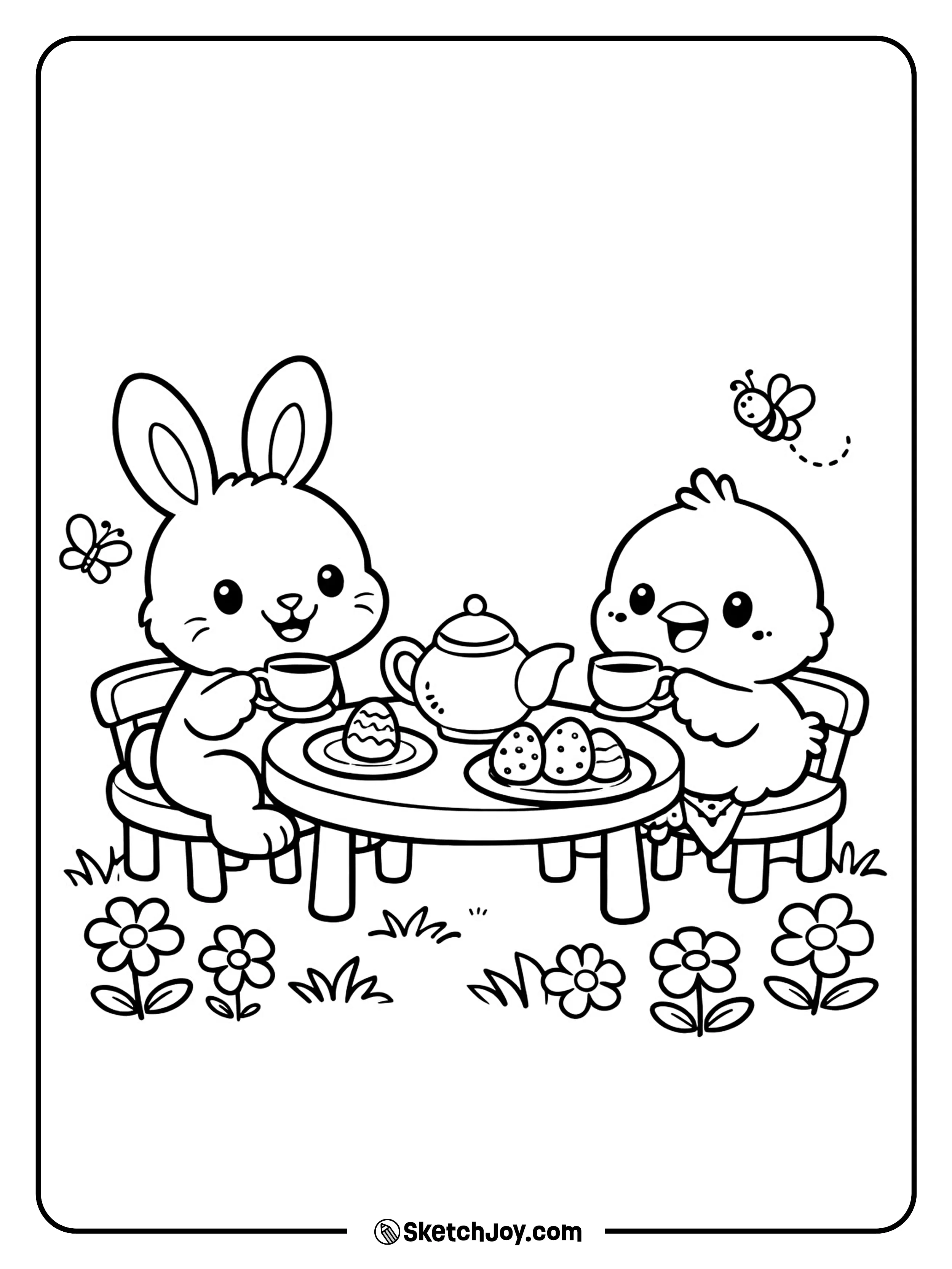 A bunny and chick share tea with eggs and flowers.