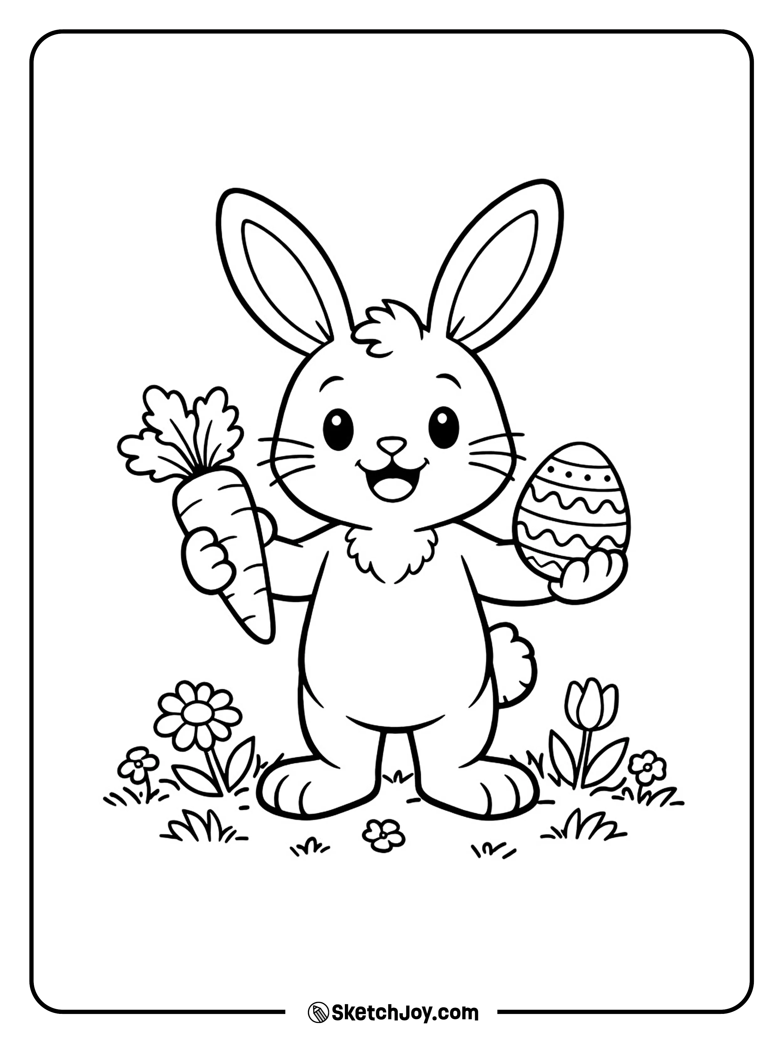 A happy bunny stands with one carrot and one egg.