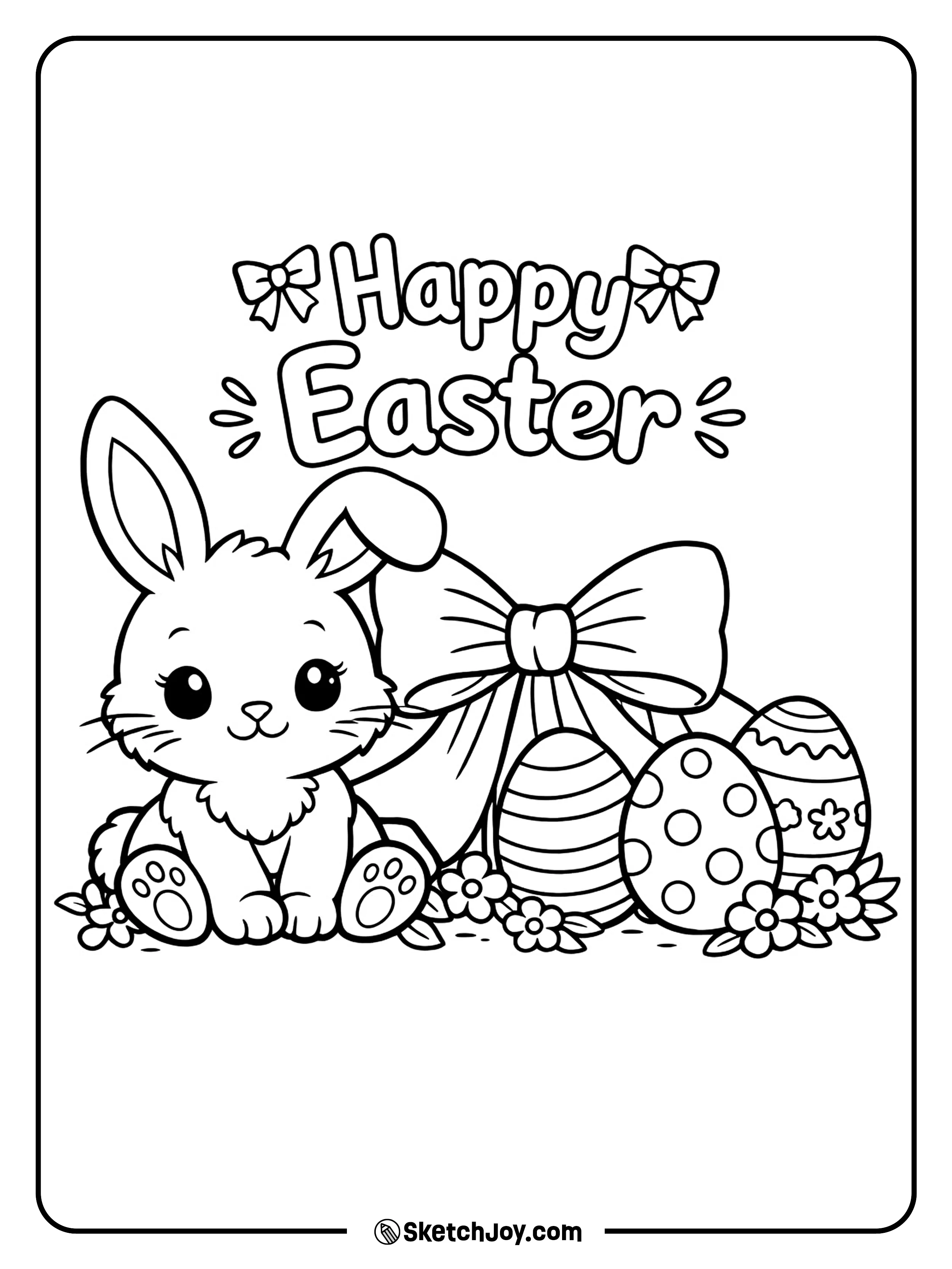 A sweet bunny sits beside a large bow and eggs.