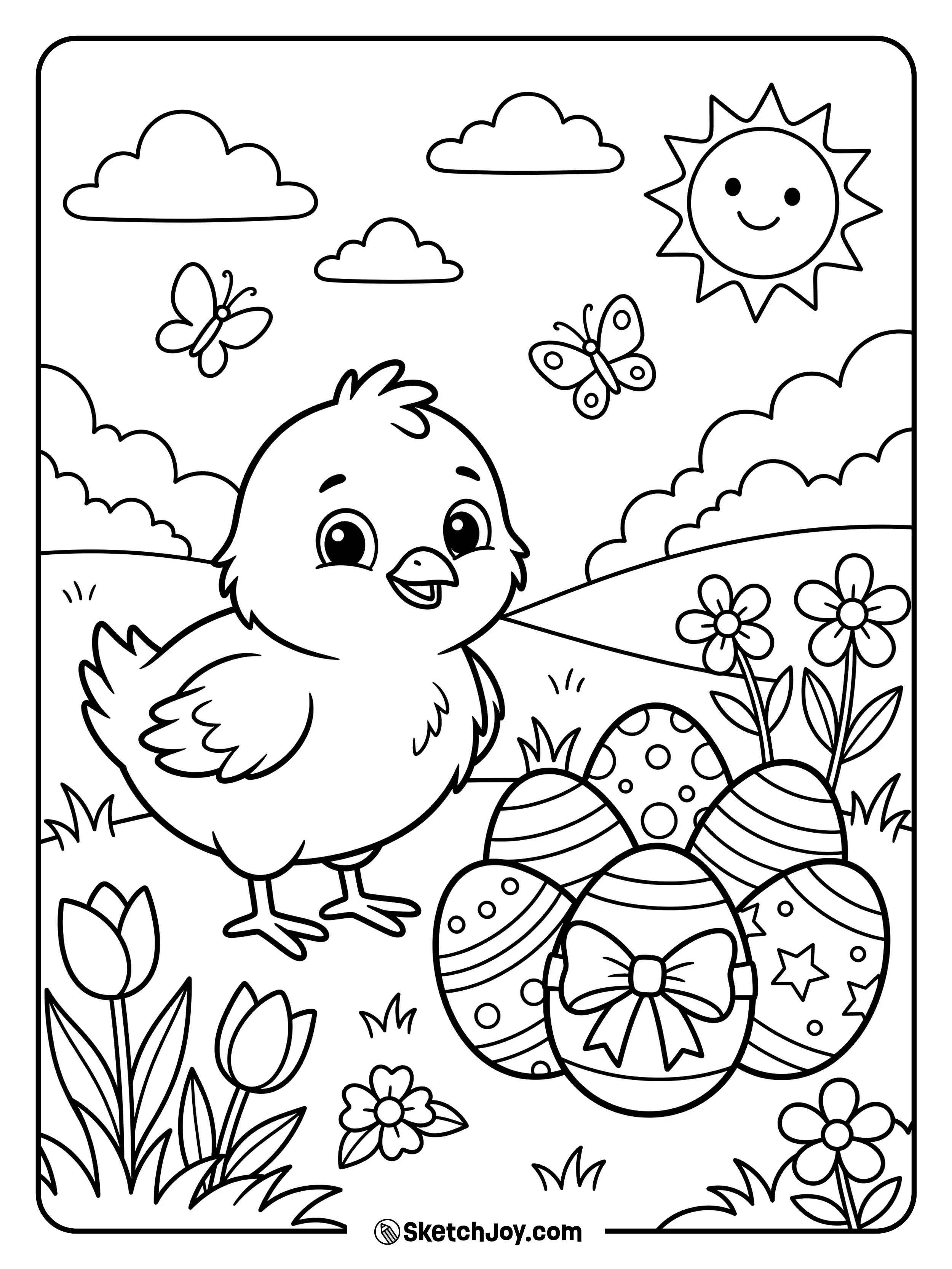 A happy chick stands beside decorated eggs in a bright spring scene.