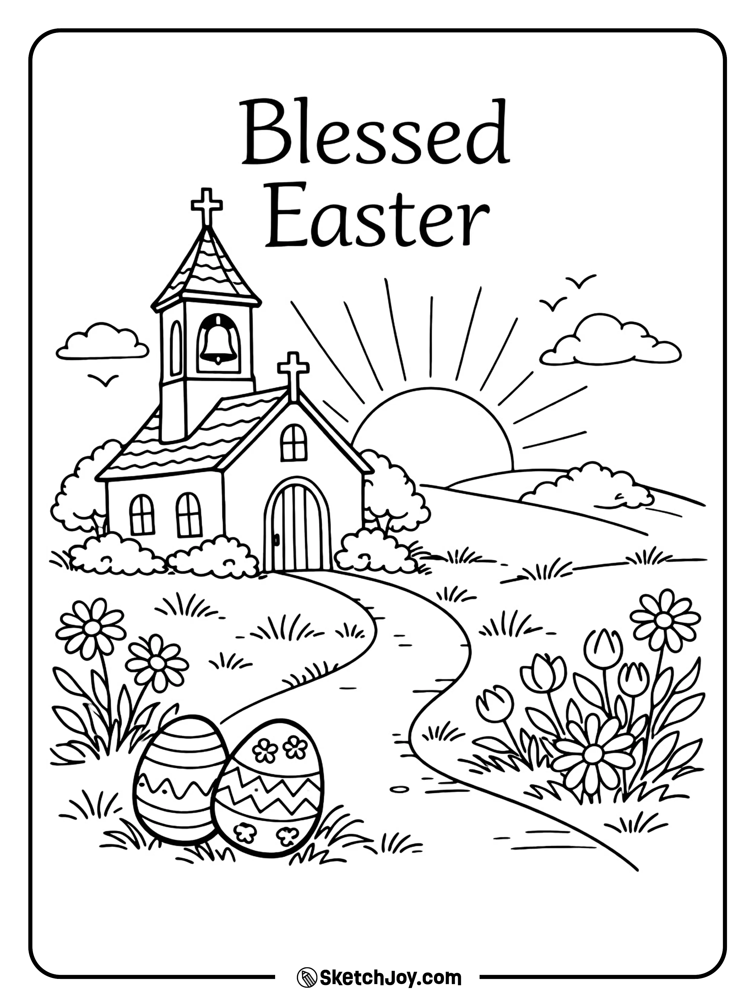 A small church stands near flowers on Easter morning.