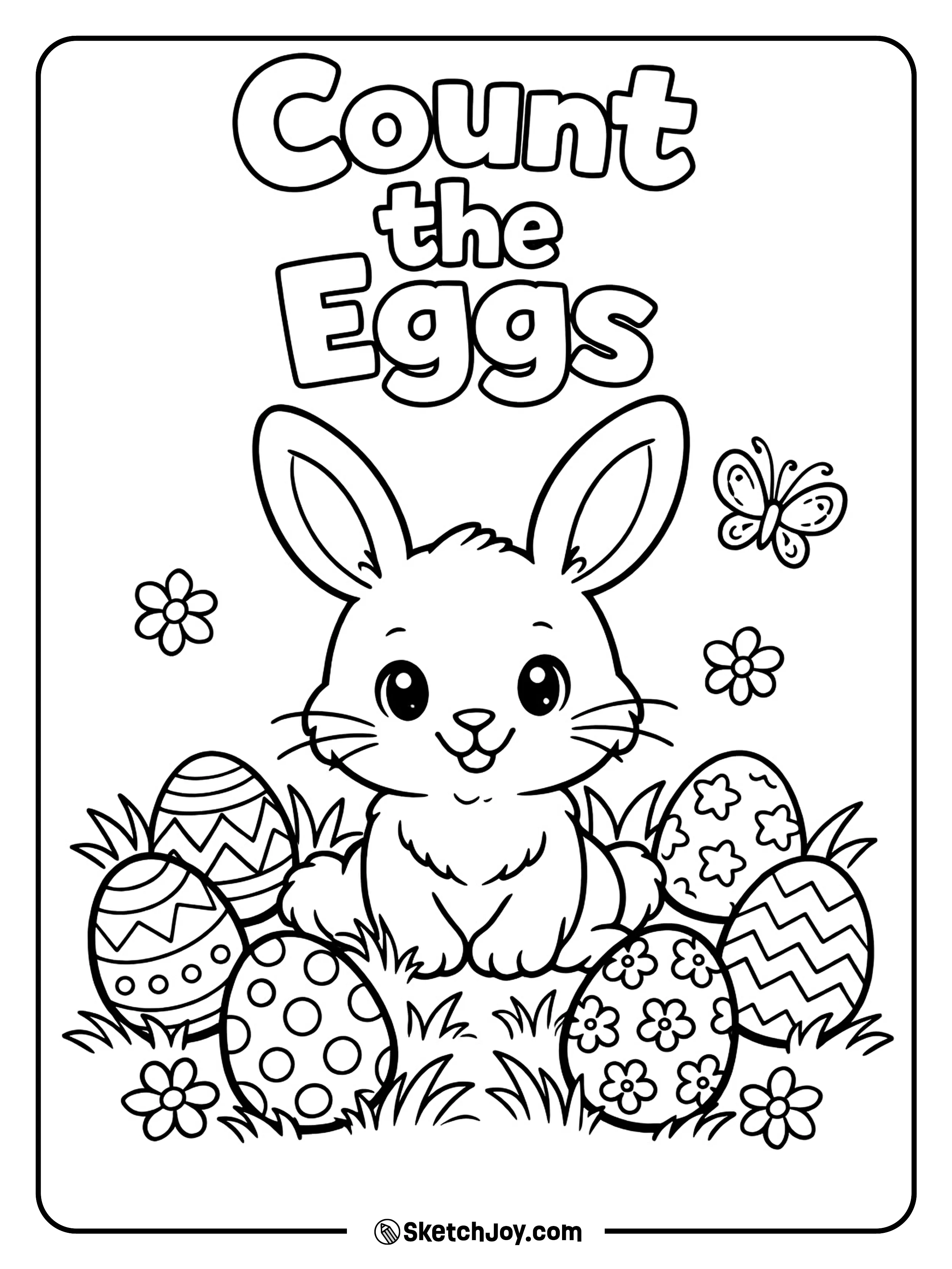 A bunny sits with many eggs waiting to be counted.